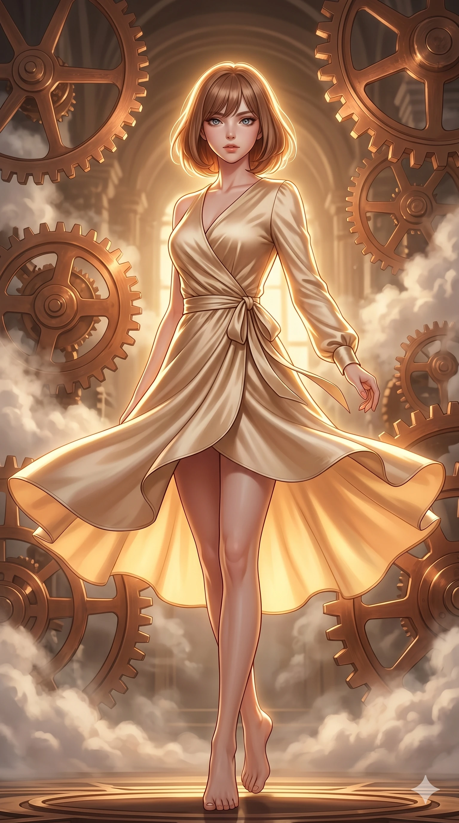 score_9, masterpiece, best quality, ultra-detailed, high-budget anime keyframe, editorial fashion photography, tasteful artistic composition, Caucasian woman, strictly human ears. low angle full-body shot from head to toe showing her feet, filling the entire 9:16 vertical frame with her statuesque presence, stretching her vertical silhouette. Spinning mid-turn with clothing caught in motion inside an ancient clockwork cathedral where giant copper gears rotate amidst floating steam clouds. She has an absolutely perfect 8-heads proportion, an exceptionally tall and slender female figure with impossibly long slender legs and an ultra-slim waist. V-shaped jawline, high-bridge nose, intricate jewel-like eyes with depth, thick eyelashes, glossy lips with a natural sheen. wearing a champagne-gold asymmetric wrap dress in fluid satin with a single long sleeve, a sculpted collarbone line, and a self-tying sash that cinches the waist, falling to a high-low hemline. under warm golden hour backlighting creating a luminous radiant halo around her silhouette. 2k, ultra detail, master piece, 9:16 ratio
