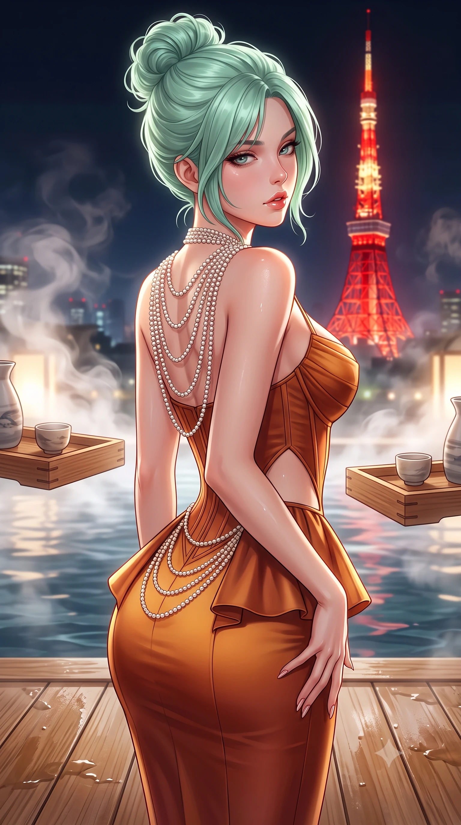 score_9, masterpiece, best quality, ultra-detailed, high-budget anime keyframe, semi-realistic 3D game render, editorial fashion photography, tasteful artistic composition, Japanese woman. close-up cowboy shot from the waist and thighs up, the character dominates the composition, filling the frame with her large presence. resting one manicured hand delicately on her hip bone, her upper body turning in a fluid, seductive S-curve while parted lips glisten in the light while standing poised on the wet hinoki wooden deck beside the water's edge, turning in an alluring silhouette as Tokyo Tower glows crimson behind her. The composition keeps background elements in soft focus with creamy bokeh. floating wooden sake cedar trays and onsen steam swirls softened in sensual atmospheric shallow focus. She has an exceptionally elegant, slender, and willowy female figure with an ultra-slim waist, flat toned midriff, narrow ribcage, and sculpted feminine hips creating an alluring, slim hourglass silhouette without bulk. sharp v-shaped jawline, high-bridge nose, intricate jewel-like eyes with depth, thick eyelashes, glossy parted lips with a natural sheen, intensely captivating and seductive bedroom-eyes expression, flawlessly proportioned anatomical accuracy, strict slender model proportions, natural body alignment, perfectly sculpted long slender limbs, ultra-slim waistline, clean dynamic posture without body distortion. wearing a modern peplum corset dress with side-waist diamond cutouts and an ultra-tight silhouette in rich copper bronze and warm amber, made of fluid silk crepe with delicate inner corsetry boning, accented with a multi-strand pearl back necklace cascading down her bare spine to her hips, the form-contouring material adhering flawlessly to her sculpted flat midriff and slender torso, emphasizing her long leg lines and perfectly proportioned willowy build. illuminated by rising steam backlights and city glow softly contouring her razor-sharp jawline, narrow waist, and curvy hips. highly saturated vibrant anime colors, detailed shading with soft gradients, rich glossy textures, high-contrast stereoscopic depth, volumetric dynamic lighting, master piece, 9:16 ratio