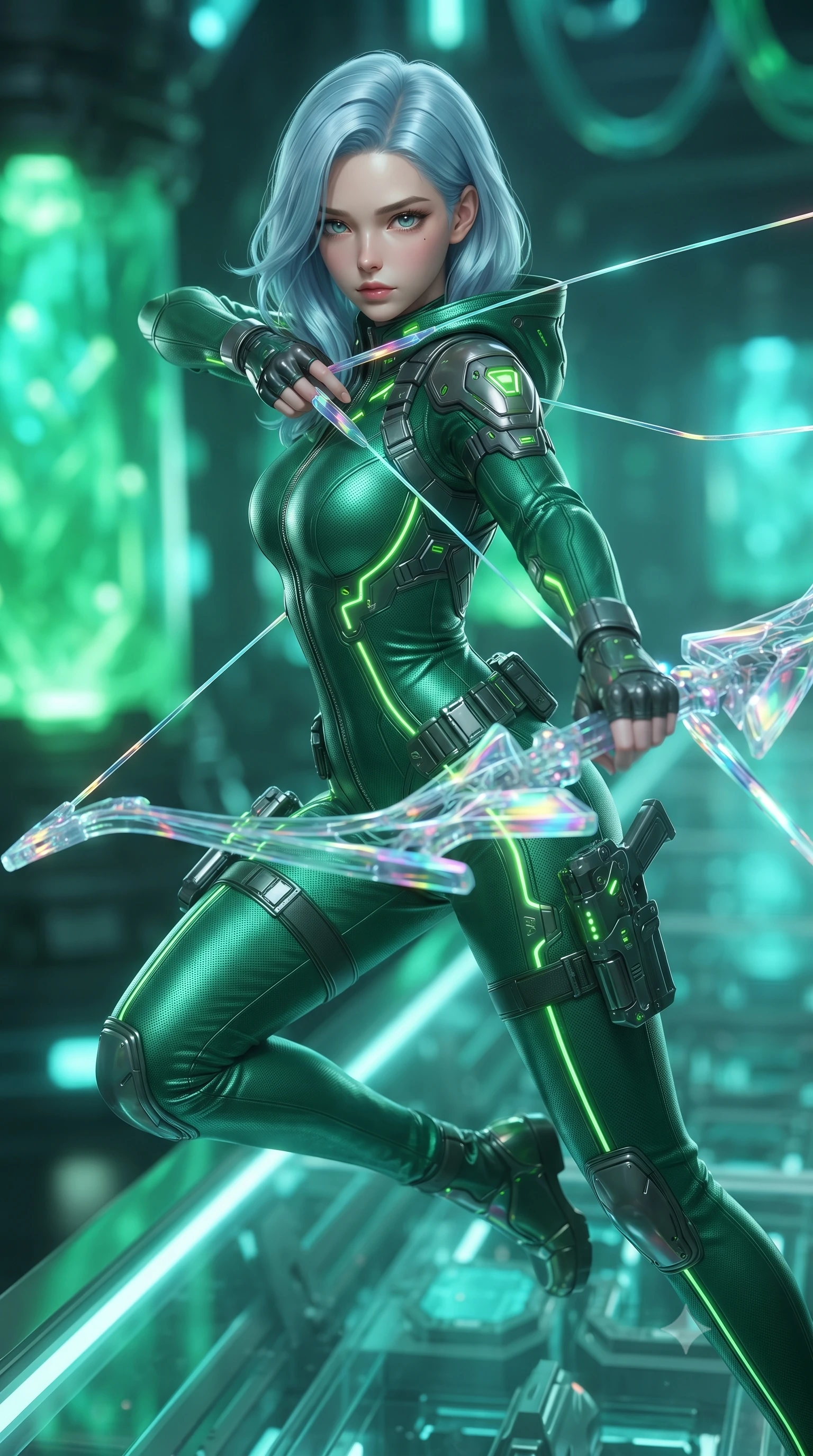 score_9, masterpiece, best quality, ultra-detailed, high-budget anime keyframe, editorial fashion photography, tasteful artistic composition, Korean woman. close-up cowboy shot from the waist and thighs up, the character dominates the composition, filling the frame with her large presence. twisting her upper body in a dynamic S-curve combat stance, one hand steadying her weapon with commanding supermodel allure while stepping along a glowing glass conduit bridge with energy bow held at her side, gazing forward with divine focus. The composition keeps background elements in soft focus with creamy bokeh. massive glowing emerald reactor crystals and pulsing coolant tubes blurred into rich green and turquoise bokeh. She has an exceptionally elegant, slender, and willowy female figure with an ultra-slim waist, a gracefully sculpted slender torso, toned flat midriff, and a refined slim silhouette. sharp v-shaped jawline, high-bridge nose, intricate jewel-like eyes with depth, thick eyelashes, glossy lips with a natural sheen, flawlessly proportioned anatomical accuracy, strict slender model proportions, natural body alignment, perfectly sculpted long slender limbs, ultra-slim waistline, clean dynamic posture without body distortion. wearing a tailored emerald-green carbon-fiber tactical jumpsuit with glowing lime LED channels and an open cowl back, drawing a floating holographic photon energy bow with supreme grace in high-gloss iridescent rainbow carbon with prism holographic sheen, crafted from semi-translucent cybernetic carbon-vinyl interwoven with glowing micro-filaments, detailed with magnetic weapon holsters and polished chrome connection clasps, the liquid-tight tailored fabric emphasizing every curve of her tall, slender model proportions and sculptured silhouette during dynamic movement. surrounded by a sacred, mystical, and breathtakingly powerful high-tech archer goddess atmosphere. ultra-reflective glossy finish, specular highlights, dark metallic sheen, high-contrast stereoscopic depth, volumetric dynamic lighting, 2k, ultra detail, master piece, 9:16 ratio