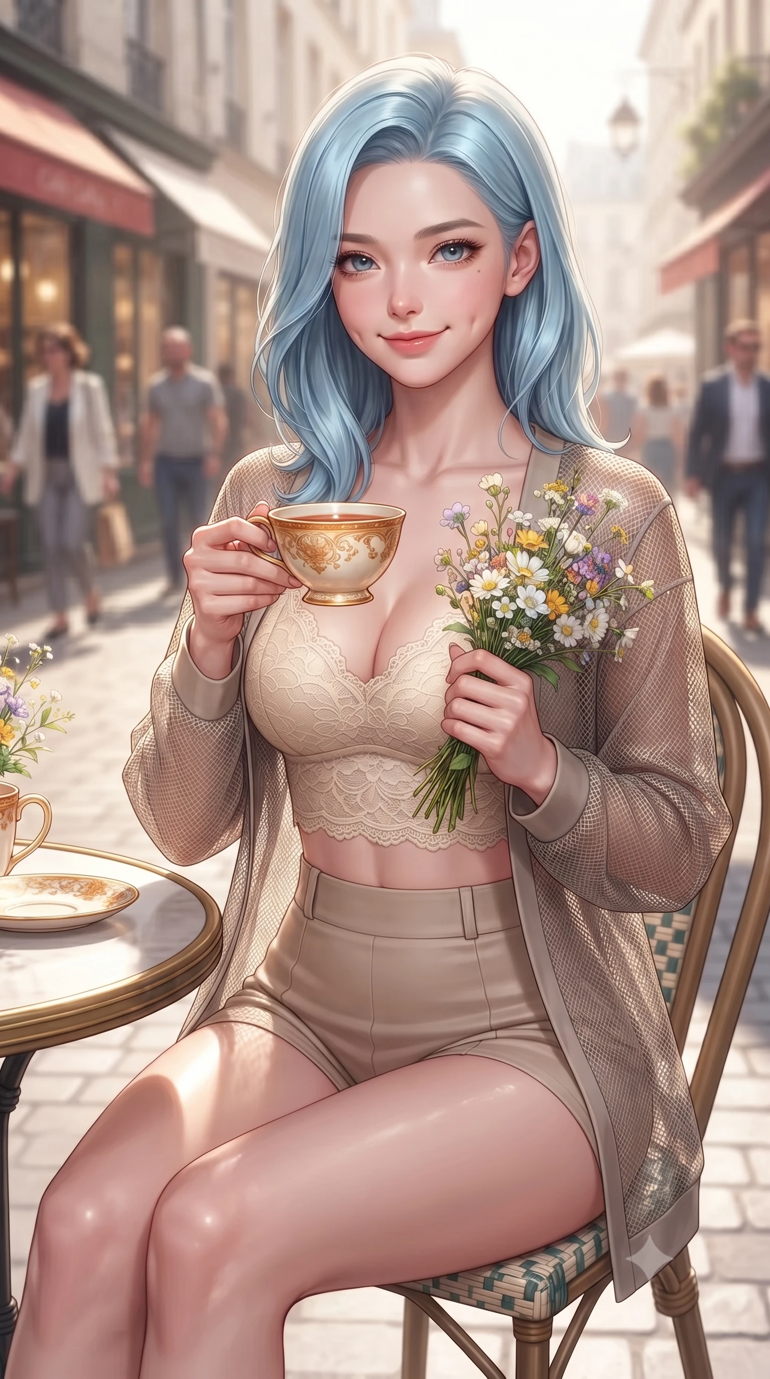 score_9, masterpiece, best quality, ultra-detailed, high-budget anime keyframe, editorial fashion photography, tasteful artistic composition, Korean woman. close-up cowboy shot from the waist and thighs up, the character dominates the composition, filling the frame with her large presence, background elements kept in soft focus. smiling with soft, cute dimples, holding a warm cup of tea with both hands set against a soft-focus background of in a trendy urban plaza filled with designer cafes and clothing boutiques holding a small bouquet of fresh flowers bought from a street vendor. She has an exceptionally elegant, slender, and willowy female figure with an ultra-slim waist, a gracefully sculpted slender torso, and a refined silhouette. sharp v-shaped jawline, high-bridge nose, intricate jewel-like eyes with depth, thick eyelashes, glossy lips with a natural sheen. wearing tailored delicate lace crop top in cream, worn under a semi-opaque carbon-mesh cardigan and micro-shorts. soft morning sun rays painting the street in a fresh, energetic gold tone. ultra-reflective glossy finish, specular highlights, metallic sheen, high-contrast stereoscopic depth, volumetric dynamic lighting, 2k, ultra detail, master piece, 9:16 ratio