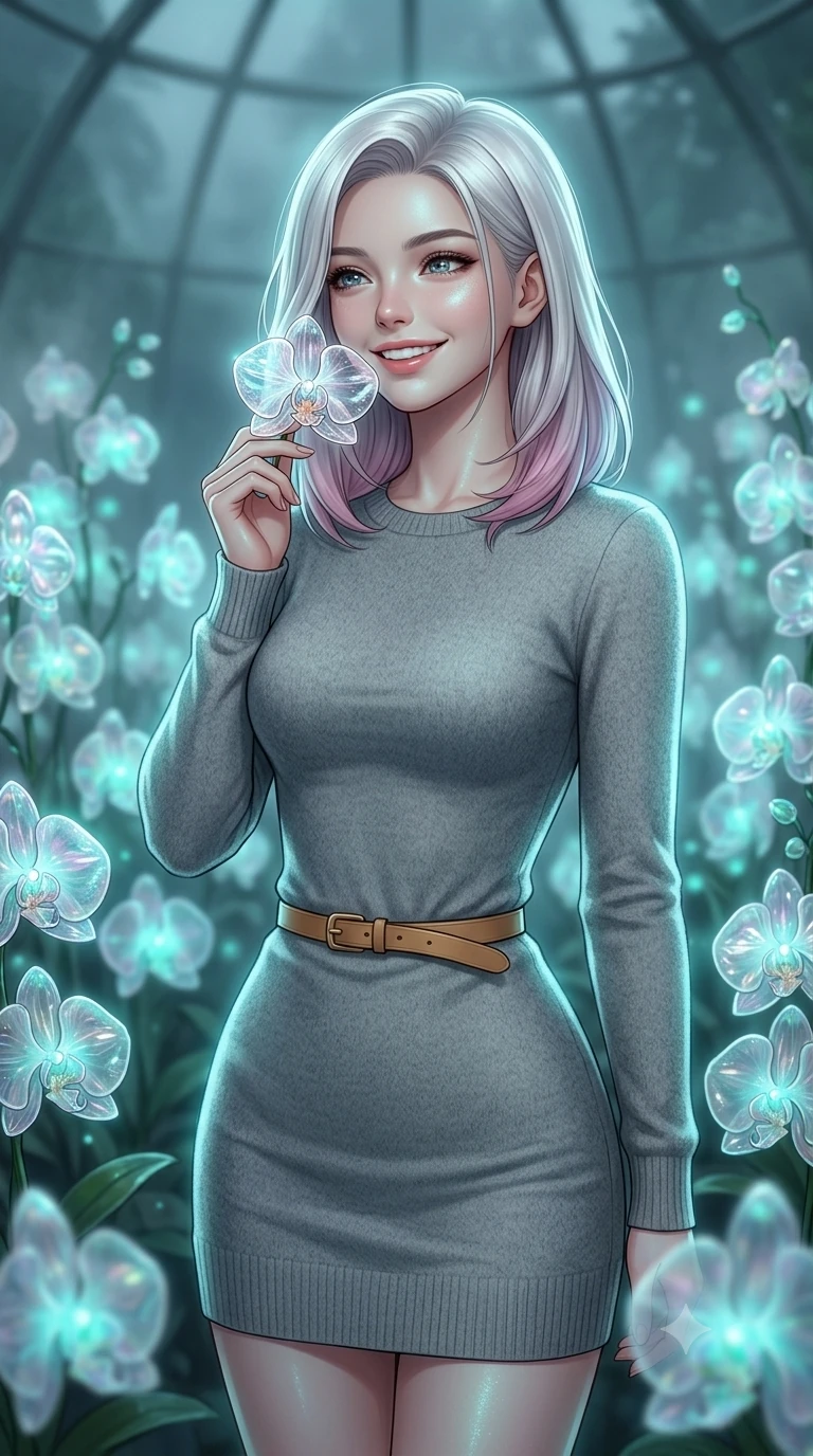 score_9, masterpiece, best quality, ultra-detailed, high-budget anime keyframe, editorial fashion photography, tasteful artistic composition, Caucasian woman, strictly human ears. close-up cowboy shot from the waist and thighs up, the character dominates the composition, filling the frame with her large presence, background elements kept in soft focus. Holding a delicate flower near her cheek, smiling with dreamy happiness. set against a soft-focus background of inside a misty cloud forest greenhouse dome where the orchids are made of hand-blown iridescent glass, chiming gently in the soft breeze. She has an exceptionally elegant, slender, and willowy female figure with a highly-defined ultra-slim waist, a gracefully sculpted slender torso, and a refined slim-fit silhouette that contours her form. sharp v-shaped jawline, high-bridge nose, intricate jewel-like eyes with depth, thick eyelashes, glossy lips with a natural sheen. wearing a soft grey wool-blend sweater dress with long sleeves, paired with a thin camel-colored leather belt. soft aqua bioluminescent light making her skin luminously glow against darkness. 2k, ultra detail, master piece, 9:16 ratio