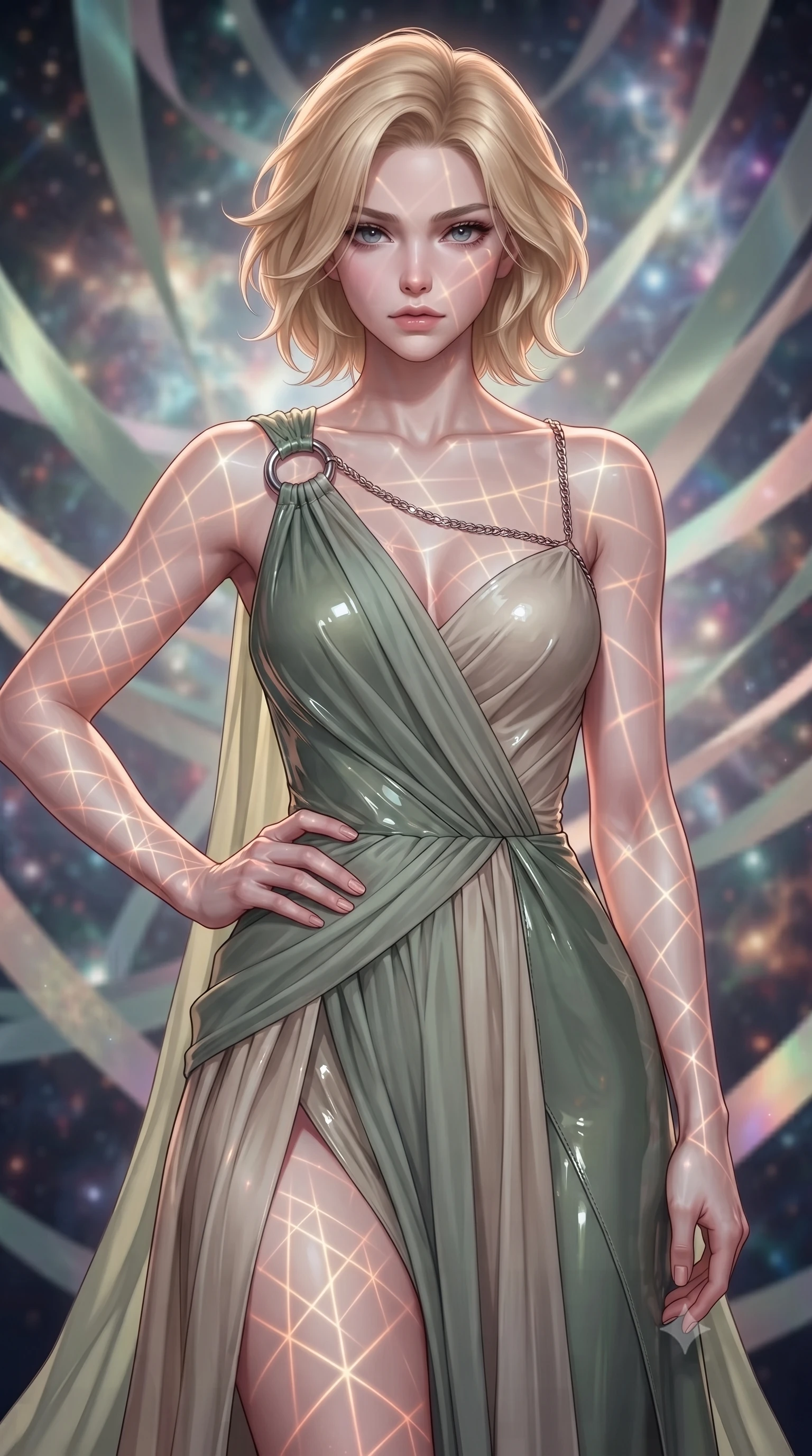 score_9, masterpiece, best quality, ultra-detailed, high-budget anime keyframe, editorial fashion photography, tasteful artistic composition, Caucasian woman. close-up cowboy shot from the waist and thighs up, the character dominates the composition, filling the frame with her large presence, background elements kept in soft focus. Holding a confident power pose with one hand on her hip, gazing directly into the camera with quiet intensity navigating a maze of glowing silk ribbons that pulse to a cosmic rhythm, intricate geometric lattice patterns of light projected onto her skin. She has an exceptionally elegant, slender, and willowy female figure with an ultra-slim waist, a gracefully sculpted slender torso, and a refined silhouette. sharp v-shaped jawline, high-bridge nose, intricate jewel-like eyes with depth, thick eyelashes, glossy lips with a natural sheen. wearing an asymmetrical Grecian draped chiffon gown with a metallic shoulder ring in sage green and oatmeal, tailored from high-gloss patent leather, adorned with delicate metallic chain straps along the neckline, the elegant draped fit framing her graceful clavicle and slender torso. bathed in sharp geometric laser grid highlights and soft ambient fill. highly saturated vibrant anime colors, detailed shading with soft gradients, rich glossy textures, high-contrast stereoscopic depth, volumetric dynamic lighting, master piece, 9:16 ratio