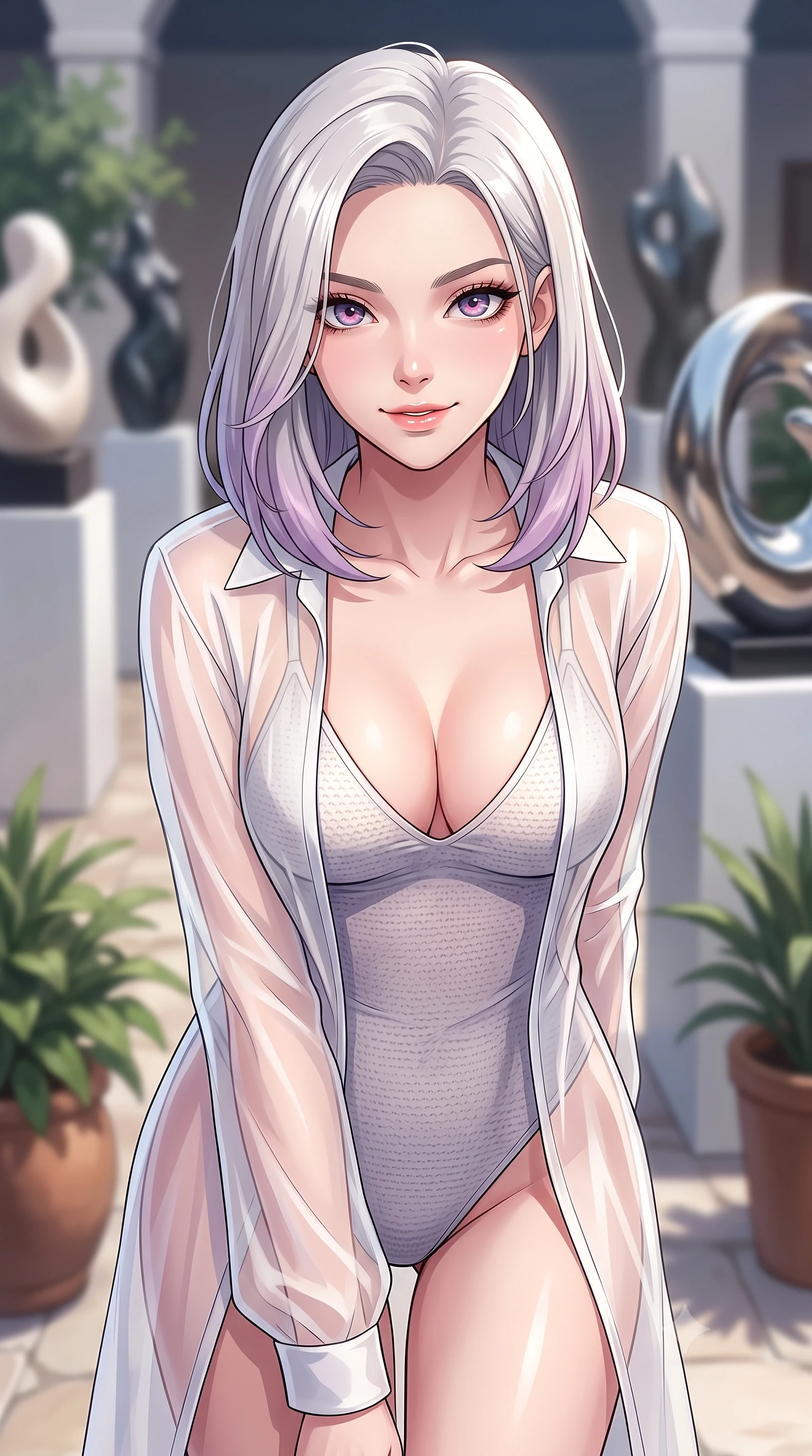 score_9, masterpiece, best quality, ultra-detailed, high-budget anime keyframe, tasteful artistic composition, Caucasian woman. close-up cowboy shot from the waist and thighs up, the character dominates the composition, filling the frame with her large presence, background elements kept in soft focus. leaning slightly forward with a playful, teasing smile, her gaze locked onto the viewer the background shows a soft-focus a secluded courtyard terrace of an art gallery, surrounded by modern sculptures. She has an exceptionally elegant, slender, and willowy female figure with an ultra-slim waist, a gracefully sculpted slender torso, and a refined silhouette. sharp v-shaped jawline, high-bridge nose, intricate jewel-like eyes with depth, thick eyelashes, glossy lips with a natural sheen. wearing a slim-fit sheer white organza resort cover-up worn over a form-fitting one-piece swimsuit, showing her elegant clavicle lines. soft spotlighting highlighting the textures of her designer outfit. highly saturated vibrant anime colors, cel-shading, 2d style, master piece, 9:16 ratio