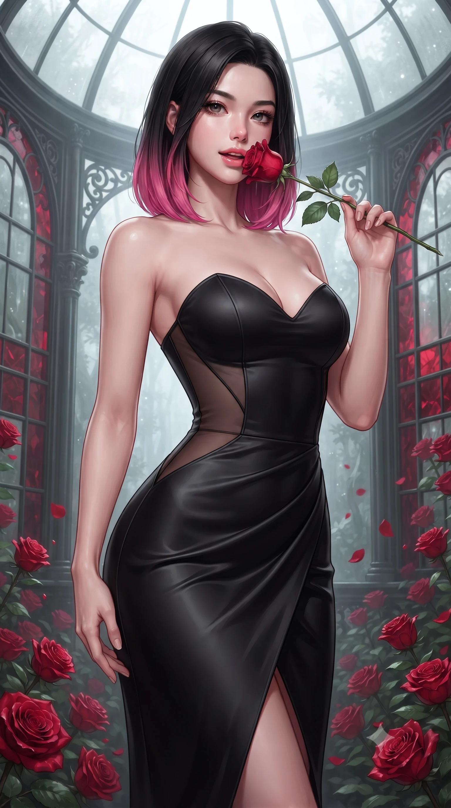 score_9, masterpiece, best quality, ultra-detailed, high-budget anime keyframe, editorial fashion photography, tasteful artistic composition, Korean woman. close-up cowboy shot from the waist and thighs up, the character dominates the composition, filling the frame with her large presence. tilting her head with a teasing half-smile, running one hand slowly down the side of her hip in a flirtatious S-curve as ambient light caresses her silhouette while standing centered in the misty Victorian iron-and-glass greenhouse, arching her spine with breathtaking dark-romance siren elegance. The surrounding environment is rendered in vivid detail and crisp panoramic clarity: sharp deep-pile red rose petal dew droplets, cast-iron filigree scrollwork, and leaded glass window cames in deep focus. She has an exceptionally elegant, slender, and willowy female figure with an ultra-slim waist, flat toned midriff, narrow ribcage, and sculpted feminine hips creating an alluring, slim hourglass silhouette without bulk. sharp v-shaped jawline, high-bridge nose, sparkling eyes with hypnotic seductive depth, thick curled eyelashes, glossy parted lips with a natural dewy peach sheen, alluring bedroom-eyes with an enchanting coquettish smile, exuding magnetic siren charisma and sophisticated glamour, flawlessly proportioned anatomical accuracy, strict slender model proportions, natural body alignment, perfectly sculpted long slender limbs, ultra-slim waistline, clean dynamic posture without body distortion. wearing a deep sweetheart-neckline matte-black bodycon dress with sheer side-torso cutouts accentuating her hourglass curves in sultry espresso bronze and metallic copper with velvet sheen, crafted from fluid liquid silk satin that clings smoothly to every curve with a dewy sheen, accented with a single fresh-cut long-stemmed crimson rose held delicately near her parted lips, the high-slit wrap tailoring accentuating her ultra-slim waistline and the enchanting curve of her feminine hips with alluring seductive charm. bathed in pure lunar illumination streaming through glass panes mixed with deep red stained-glass refractions. ultra-reflective glossy finish, specular highlights, rich textural contrasts, high-contrast stereoscopic depth, volumetric dynamic lighting, 2k, ultra detail, master piece, 9:16 ratio