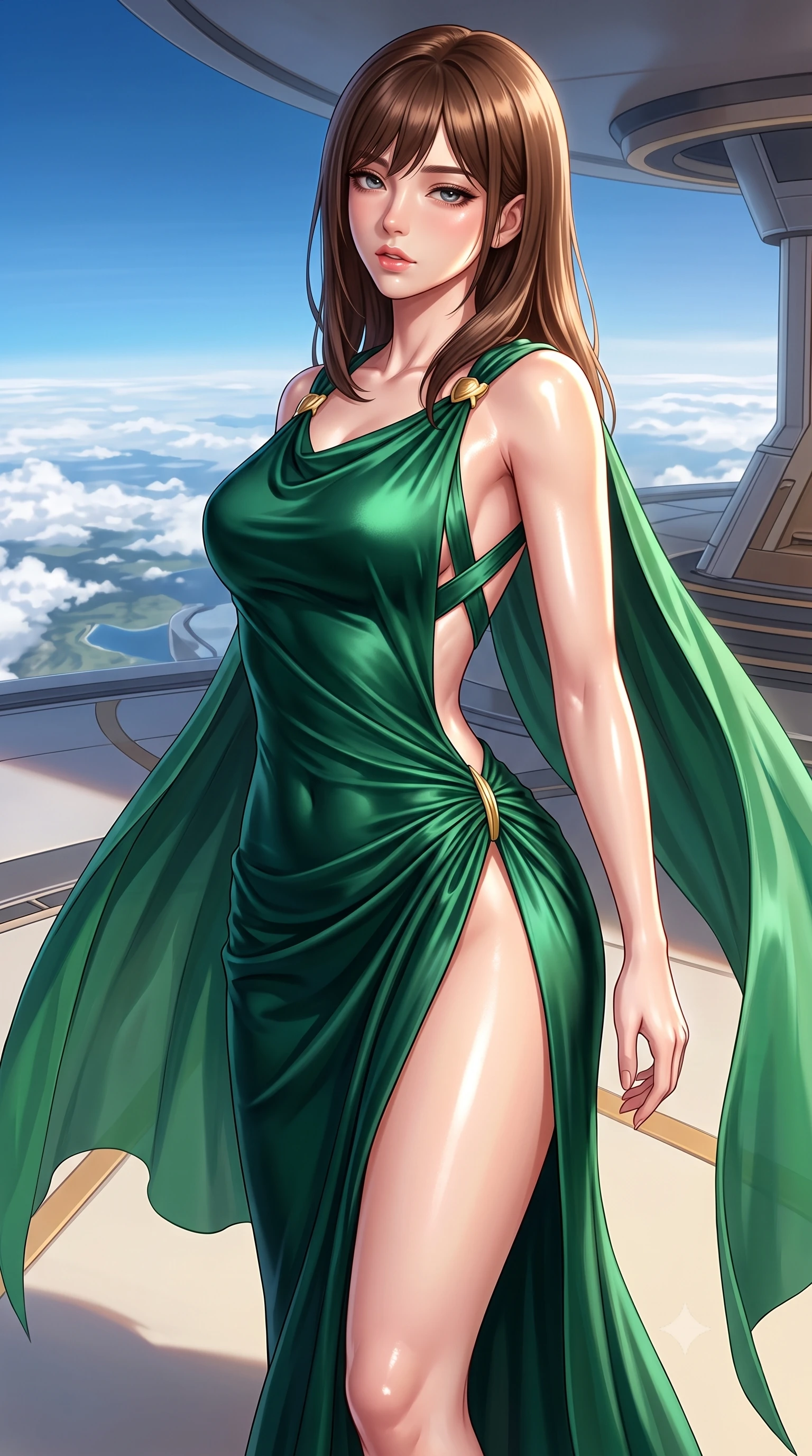score_9, masterpiece, best quality, ultra-detailed, high-budget anime keyframe, semi-realistic 3D game render, editorial fashion photography, tasteful artistic composition, Korean woman. close-up cowboy shot from the waist and thighs up, the character dominates the composition, filling the frame with her large presence. twisting her slender torso in a deep contrapposto stance, hips dramatically shifted to accentuate her feminine curves while looking past her shoulder with smoldering bedroom-eyes while standing poised on the high-altitude sun deck, twisting her slender torso in an alluring S-curve as stratospheric trade winds flutter her sweeping cape. The surrounding environment is rendered in vivid detail and crisp panoramic clarity. detailed couture gown weave, intense sun specular highlights on skin, and high-altitude horizon clarity in high resolution. She has an exceptionally elegant, slender, and willowy female figure with an ultra-slim waist, flat toned midriff, narrow ribcage, and sculpted feminine hips creating an alluring, slim hourglass silhouette without bulk. sharp v-shaped jawline, high-bridge nose, intricate jewel-like eyes with depth, thick eyelashes, glossy parted lips with a natural sheen, intensely captivating and seductive bedroom-eyes expression, flawlessly proportioned anatomical accuracy, strict slender model proportions, natural body alignment, perfectly sculpted long slender limbs, ultra-slim waistline, clean dynamic posture without body distortion. wearing a high-slit Grecian goddess draped gown with asymmetrical gold shoulder clasps and hip gathering in deep emerald green satin and gold hardware, tailored from liquid silk jersey adhering flawlessly to her slender build, finished with criss-cross back satin straps highlighting her graceful shoulder blades, the second-skin form-contouring cut accentuating her sculpted flat midriff, narrow delicate ribcage, and gracefully curvy hips with supermodel precision. illuminated by warm white composite floor bounce fill sharply sculpting her razor-sharp jawline, narrow waist, and curvy hips. highly saturated vibrant anime colors, detailed shading with soft gradients, rich glossy textures, high-contrast stereoscopic depth, volumetric dynamic lighting, master piece, 9:16 ratio