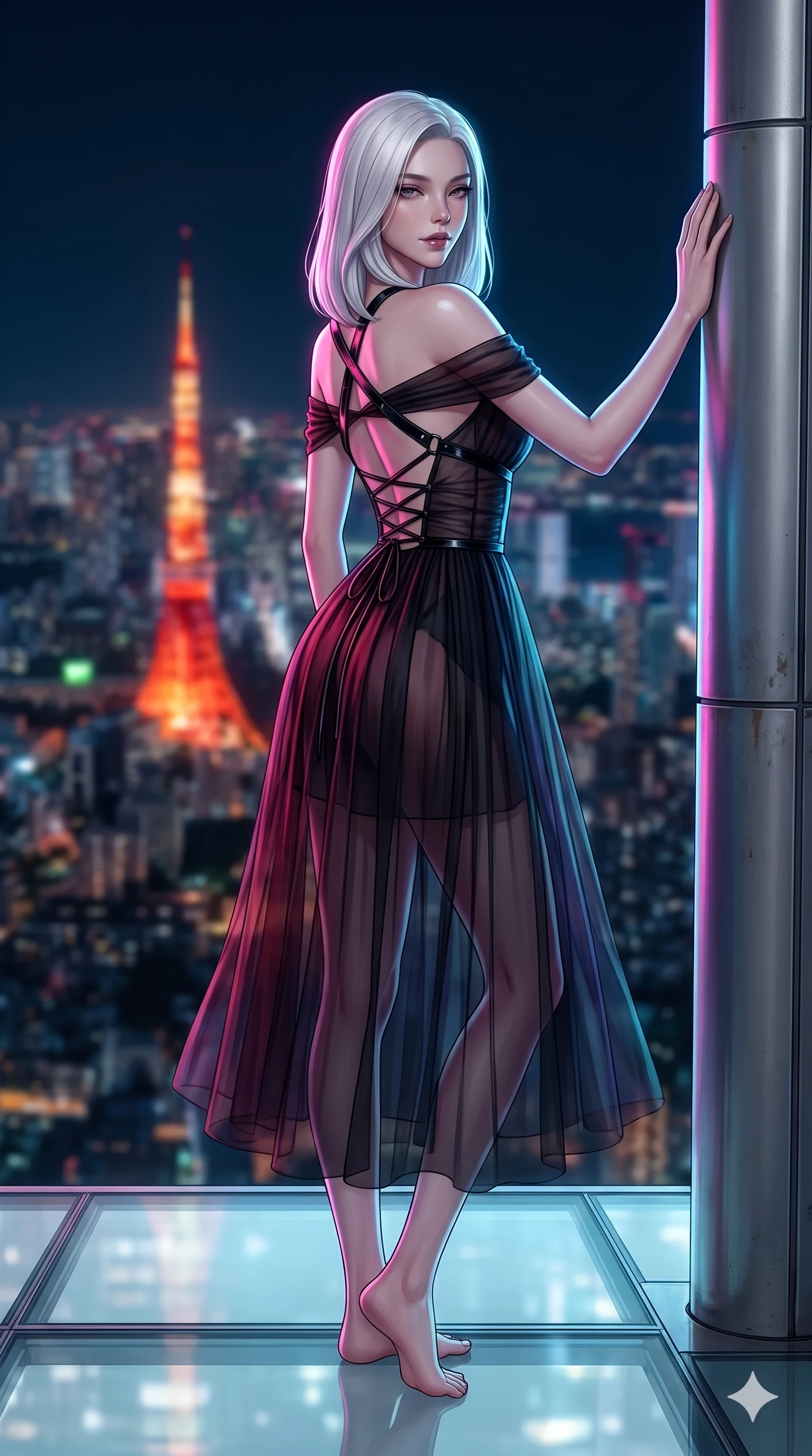 score_9, masterpiece, best quality, ultra-detailed, high-budget anime keyframe, semi-realistic 3D game render, editorial fashion photography, tasteful artistic composition, Korean woman. low angle full-body shot from head to toe showing her feet, filling the entire 9:16 vertical frame with her statuesque presence, stretching her vertical silhouette. standing tall beside the architectural column, one hand resting high while arching her lower back to emphasize her sculpted feminine hips and slender waist while twisting her slender torso in an alluring contrapposto stance above the glowing megalopolis, electric neon reflections contouring her waist and hips. The background shows a soft-focus epic Tokyo skyline panoramic overlook softened in high-altitude shallow focus. She has an exceptionally tall and slender model-like 8.5-heads proportion, an ultra-slim waist, a flat toned midriff, narrow delicate ribcage, and beautifully sculpted feminine hips creating a graceful, slim hourglass silhouette without any bulky heaviness, with impossibly long slender legs. sharp v-shaped jawline, high-bridge nose, intricate jewel-like dark sparkling eyes with dangerous depth, thick curled eyelashes, glossy parted lips with a rich wine sheen, smoldering seductive half-smile with bedroom-eyes, exuding effortless superiority and intoxicating dark allure, flawlessly proportioned anatomical accuracy, strict slender model proportions, natural body alignment, perfectly sculpted long slender limbs, ultra-slim waistline, clean dynamic posture without body distortion. wearing a tiered semi-sheer black tulle and silk slip dress with an ultra-slim corseted waist and bare shoulders in Tokyo Tower scarlet crimson and midnight indigo, featuring fine criss-cross satin back lacing tracing her slender spine, featuring an open-back criss-cross harness strap in patent black leather, the impeccably tailored cut draping gracefully along her slender figure with aristocratic noir poise. illuminated by glass floor upward bounce and sharp magenta-cyan rim lights sculpting her razor-sharp jawline, narrow waist, and curvy hips. highly saturated vibrant anime colors, detailed shading with soft gradients, rich glossy textures, high-contrast stereoscopic depth, volumetric dynamic lighting, master piece, 9:16 ratio