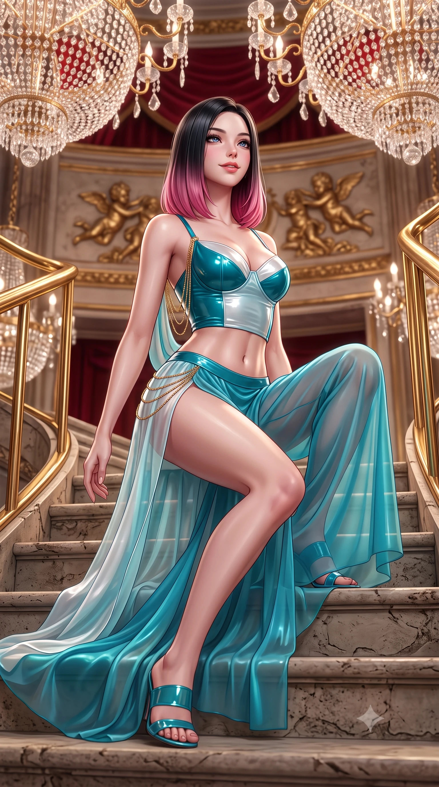 score_9, masterpiece, best quality, ultra-detailed, high-budget anime keyframe, semi-realistic 3D game render, editorial fashion photography, tasteful artistic composition, Korean woman. low angle full-body shot from head to toe showing her feet, filling the entire 9:16 vertical frame with her statuesque presence, stretching her vertical silhouette. sitting poised on the stone steps with one knee bent, arching her spine with supermodel elegance as she glances upward through thick eyelashes while twisting her slender torso in an alluring contrapposto stance, monumental crystal auditorium chandeliers and red velvet reflections sculpting her curves. The background shows a soft-focus gold leaf cherub reliefs softened in opulent European cultural shallow focus. She has an absolutely perfect, statuesque 8.5-heads proportion, an exceptionally tall and slender model-like female figure with impossibly long slender legs, an ultra-slim waist, a flat toned midriff, narrow delicate ribcage, and beautifully sculpted feminine hips creating a graceful, slim hourglass silhouette without any bulky heaviness. sharp v-shaped jawline, high-bridge nose, sparkling eyes with hypnotic seductive depth, thick curled eyelashes, glossy parted lips with a natural dewy peach sheen, alluring bedroom-eyes with an enchanting coquettish smile, exuding magnetic siren charisma and sophisticated glamour, flawlessly proportioned anatomical accuracy, strict slender model proportions, natural body alignment, perfectly sculpted long slender limbs, ultra-slim waistline, clean dynamic posture without body distortion. wearing a wet-look form-fitting vinyl bustier paired with sheer chiffon high-slit wide-leg trousers in Maldives ocean cyan and shimmering pearl white, crafted from fluid liquid silk satin that clings smoothly to every curve with a dewy sheen, accented with an open-back drape framed by falling strands of delicate gold chains, the high-slit wrap tailoring accentuating her ultra-slim waistline and the enchanting curve of her feminine hips with alluring seductive charm. illuminated by gilded railing reflection bounce and sharp royal-gold rim lights sculpting her razor-sharp jawline, narrow waist, and curvy hips. highly saturated vibrant anime colors, detailed shading with soft gradients, rich glossy textures, high-contrast stereoscopic depth, volumetric dynamic lighting, master piece, 9:16 ratio