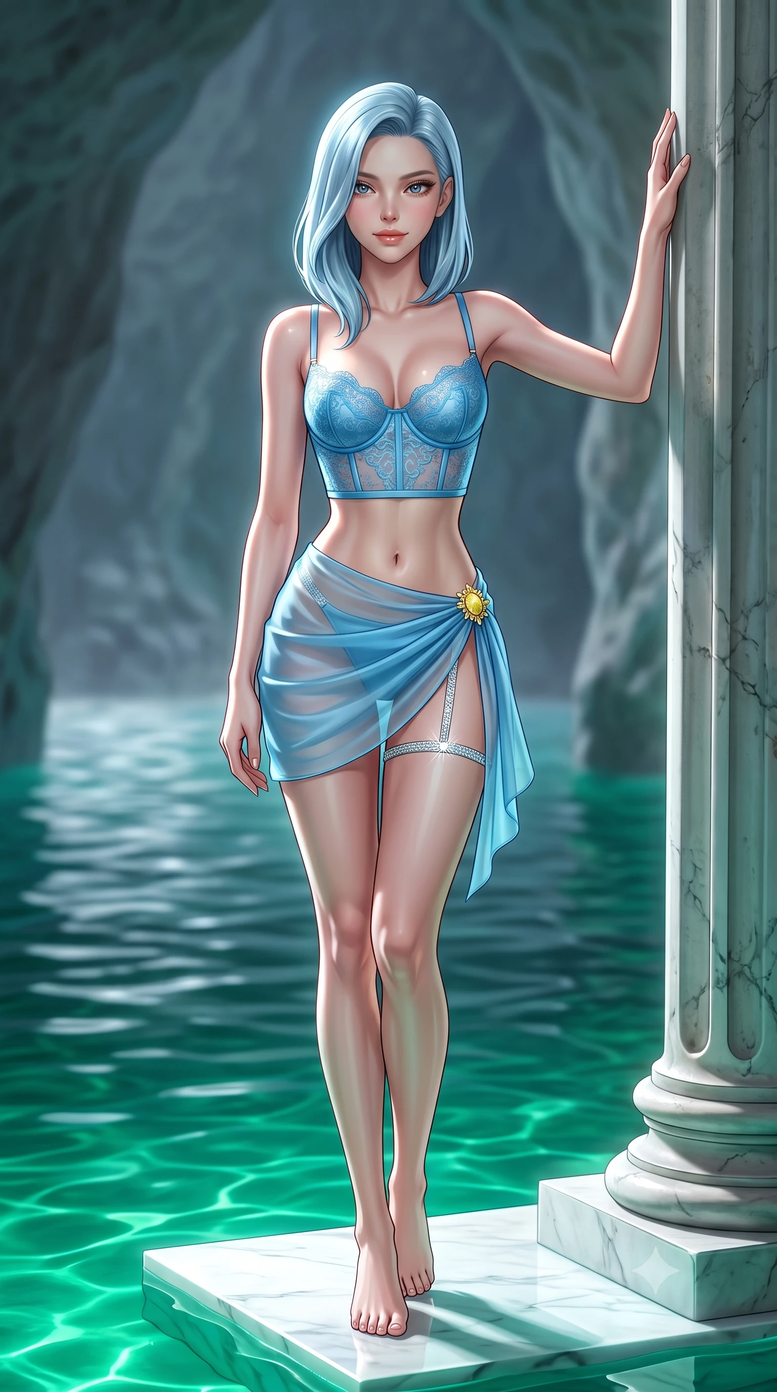 score_9, masterpiece, best quality, ultra-detailed, high-budget anime keyframe, semi-realistic 3D game render, editorial fashion photography, tasteful artistic composition, Korean woman. low angle full-body shot from head to toe showing her feet, filling the entire 9:16 vertical frame with her statuesque presence, stretching her vertical silhouette. standing tall beside the architectural column, one hand resting high while arching her lower back to emphasize her sculpted feminine hips and slender waist while standing poised on the submerged white marble platform inside the monumental sea cave, arching her lower back with supernatural siren allure amid glowing emerald water. The background shows a soft-focus gentle cave water ripples softened in mystical aquatic shallow focus. She has an absolutely perfect, statuesque 8.5-heads proportion, an exceptionally tall and slender model-like female figure with impossibly long slender legs, an ultra-slim waist, a flat toned midriff, narrow delicate ribcage, and beautifully sculpted feminine hips creating a graceful, slim hourglass silhouette without any bulky heaviness. sharp v-shaped jawline, high-bridge nose, sparkling eyes with hypnotic seductive depth, thick curled eyelashes, glossy parted lips with a natural dewy peach sheen, alluring bedroom-eyes with an enchanting coquettish smile, exuding magnetic siren charisma and sophisticated glamour, flawlessly proportioned anatomical accuracy, strict slender model proportions, natural body alignment, perfectly sculpted long slender limbs, ultra-slim waistline, clean dynamic posture without body distortion. wearing a delicate French lace underwire bustier paired with a draped sheer chiffon wrap mini skirt and gold hip brooch in Amalfi azure blue and sunlit lemon gold, crafted from fluid liquid silk satin that clings smoothly to every curve with a dewy sheen, finished with delicate crystal-encrusted thigh garter straps glinting in the dim light, the form-contouring silhouette accentuating her sculpted flat midriff, narrow delicate ribcage, and gracefully curvy hips with intoxicating allure. illuminated by subterranean water reflection bounce and sharp icy-platinum rim lights defining her delicate clavicles, narrow waist, and curvy hips. highly saturated vibrant anime colors, detailed shading with soft gradients, rich glossy textures, high-contrast stereoscopic depth, volumetric dynamic lighting, master piece, 9:16 ratio