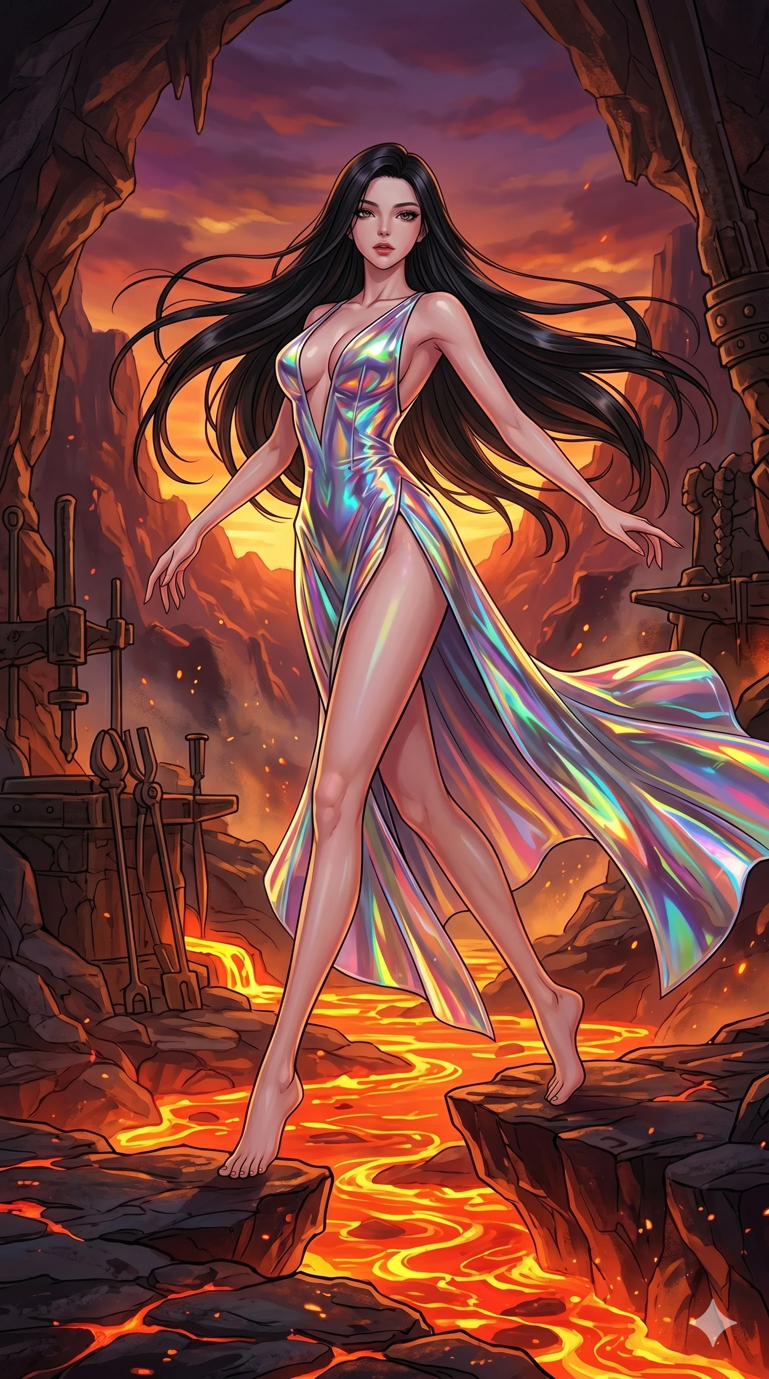 score_9, masterpiece, best quality, ultra-detailed, high-budget anime movie keyframe, cinematic anime lighting, intricate line art, Korean woman. Low angle cowboy shot filling the entire 9:16 frame with her statuesque presence. leaping gracefully in a volcanic lava forge during a golden sunset. She has an absolutely perfect 8-heads proportion, an exceptionally tall and slender female figure with an ultra-slim waist and impossibly long slender legs. sharp v-shaped jawline, high-bridge nose, intricate jewel-like eyes, thick eyelashes, glossy lips. Wearing avant-garde high-fashion gown made of iridescent vinyl with a dangerously high side slit and a plunging neckline, revealing an ultra-slim waist and long slender legs. The scene is illuminated by dramatic atmospheric lighting and vibrant color palettes. , 2k, ultra detail, master piece, 9:16 ratio