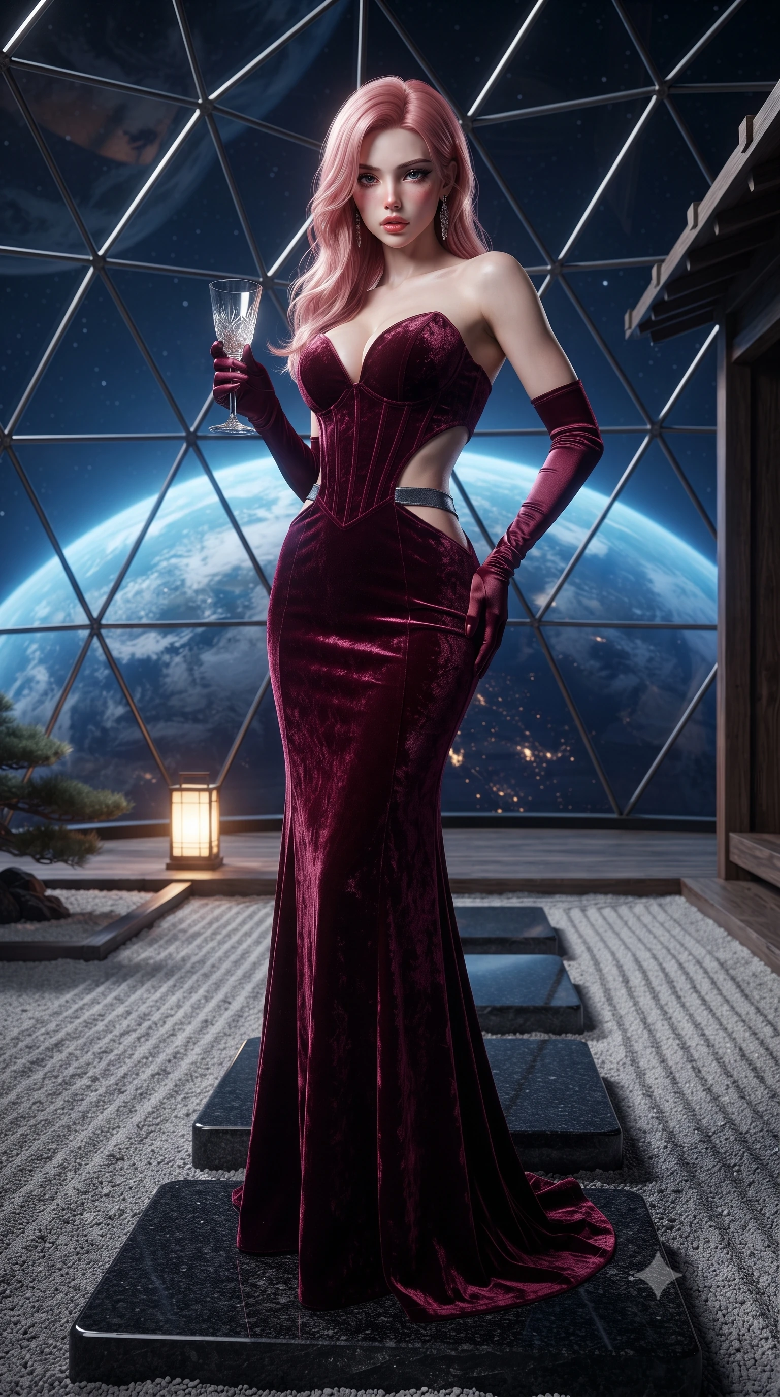 score_9, masterpiece, best quality, ultra-detailed, high-budget anime keyframe, editorial fashion photography, tasteful artistic composition, Japanese woman. low angle full-body shot from head to toe showing her feet, filling the entire 9:16 vertical frame with her statuesque presence, stretching her vertical silhouette. reclining on her side in an elegant Cleopatra pose with one knee drawn up, the dramatic contour of her rounded hips and long slender legs commanding the 9:16 vertical frame while standing poised on polished black granite stepping stones, twisting her slender torso in an alluring contrapposto stance in the cosmic stillness. The surrounding environment is rendered in vivid detail and crisp panoramic clarity. sharp raked zen gravel ridges, weathered cedarwood grain, and geodesic glass dome strut clarity in deep focus. She has an exceptionally tall and slender model-like 8.5-heads proportion, an ultra-slim waist, a flat toned midriff, narrow delicate ribcage, and beautifully sculpted feminine hips creating a graceful, slim hourglass silhouette without any bulky heaviness, with impossibly long slender legs. sharp v-shaped jawline, high-bridge nose, intricate jewel-like eyes with depth, thick eyelashes, glossy parted lips with a natural sheen, intensely captivating and seductive bedroom-eyes expression, flawlessly proportioned anatomical accuracy, strict slender model proportions, natural body alignment, perfectly sculpted long slender limbs, ultra-slim waistline, clean dynamic posture without body distortion. wearing a deep sweetheart neckline crushed velvet corseted ballgown with an exposed midriff cutout in deep wine burgundy and brushed dark platinum, crafted from heavyweight crushed silk velvet with liquid vintage luster, accessorized with opera-length satin gloves and a vintage crystal glass, the precision-cut side openings and low-back scoop framing her graceful spine and the sensual sweep of her slim, toned hips. bathed in pure, soft sapphire earth-shine from the massive planet below and warm hidden floor lantern glow. ultra-reflective glossy finish, specular highlights, rich textural contrasts, high-contrast stereoscopic depth, volumetric dynamic lighting, 2k, ultra detail, master piece, 9:16 ratio