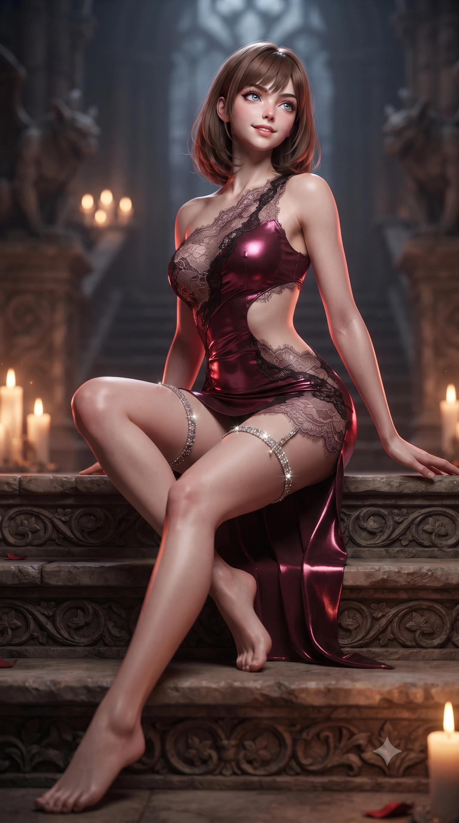 score_9, masterpiece, best quality, ultra-detailed, high-budget anime keyframe, editorial fashion photography, tasteful artistic composition, Caucasian woman. low angle full-body shot from head to toe showing her feet, filling the entire 9:16 vertical frame with her statuesque presence, stretching her vertical silhouette. sitting poised on the stone steps with one knee bent, arching her spine with supermodel elegance as she glances upward through thick eyelashes while twisting her slender torso in an alluring contrapposto stance, flickering candlelight tracing her narrow waist, flat midriff, and hips. The background shows a soft-focus carved stone gargoyles softened in aristocratic gothic shallow focus. She has an absolutely perfect, statuesque 8.5-heads proportion, an exceptionally tall and slender model-like female figure with impossibly long slender legs, an ultra-slim waist, a flat toned midriff, narrow delicate ribcage, and beautifully sculpted feminine hips creating a graceful, slim hourglass silhouette without any bulky heaviness. sharp v-shaped jawline, high-bridge nose, sparkling eyes with hypnotic seductive depth, thick curled eyelashes, glossy parted lips with a natural dewy peach sheen, alluring bedroom-eyes with an enchanting coquettish smile, exuding magnetic siren charisma and sophisticated glamour, flawlessly proportioned anatomical accuracy, strict slender model proportions, natural body alignment, perfectly sculpted long slender limbs, ultra-slim waistline, clean dynamic posture without body distortion. wearing an asymmetric one-shoulder metallic bordeaux mini dress with a dramatic side cutout hugging her waist and hips in dusky blush rose and antique black lace, made of delicate semi-sheer French Chantilly lace with intricate eyelash edges, finished with delicate crystal-encrusted thigh garter straps glinting under the lights, the form-contouring silhouette accentuating her sculpted flat midriff, narrow delicate ribcage, and gracefully curvy hips with intoxicating allure. illuminated by fireplace ember bounce and sharp crimson-and-gold rim lights sculpting her razor-sharp jawline, narrow waist, and curvy hips. ultra-reflective glossy finish, specular highlights, rich textural contrasts, high-contrast stereoscopic depth, volumetric dynamic lighting, 2k, ultra detail, master piece, 9:16 ratio