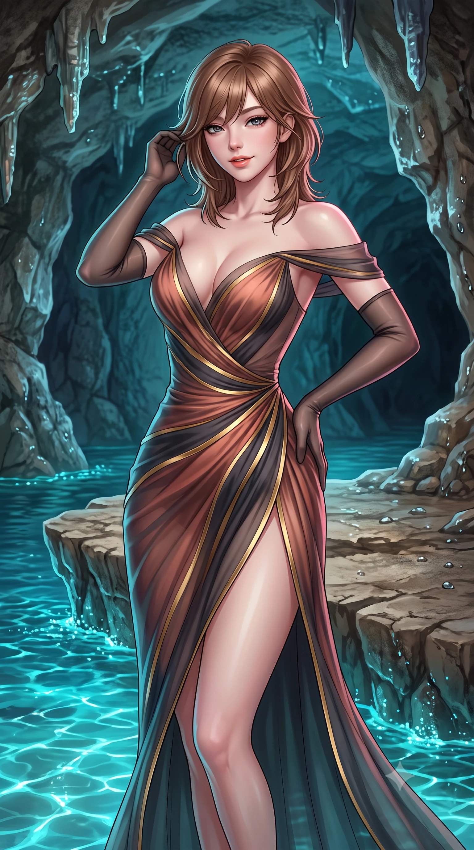 score_9, masterpiece, best quality, ultra-detailed, high-budget anime keyframe, semi-realistic 3D game render, editorial fashion photography, tasteful artistic composition, Korean woman. close-up cowboy shot from the waist and thighs up, the character dominates the composition, filling the frame with her large presence. gently brushing a lock of hair behind her ear while casting a playful, flirtatious side-gaze with long eyelashes while standing poised on the natural limestone shelf within the sea cave as glowing bioluminescent turquoise water ripples around her ankles, arching her spine with wet-look siren dominance. The surrounding environment is rendered in vivid detail and crisp panoramic clarity: sharp wet limestone rock textures, mineral crystal formations on cave roof, and clear water meniscus boundaries in deep focus. She has an exceptionally elegant, slender, and willowy female figure with an ultra-slim waist, flat toned midriff, narrow ribcage, and sculpted feminine hips creating an alluring, slim hourglass silhouette without bulk. sharp v-shaped jawline, high-bridge nose, intricate jewel-like sparkling eyes with depth, thick eyelashes, glossy parted lips with a natural peach sheen, bright cheerful beaming smile with an enchanting and coquettish sensual glint, exuding both youthful cute charm and seductive allure, flawlessly proportioned anatomical accuracy, strict slender model proportions, natural body alignment, perfectly sculpted long slender limbs, ultra-slim waistline, clean dynamic posture without body distortion. wearing a plunge-front sheer illusion tulle slip dress with liquid gold ribbon stripes hugging her curves in sultry copper rose and deep shadow charcoal, made of sheer gossamer chiffon that drapes softly against skin with airy translucence, complemented by sheer opera-length evening gloves tracing her slender arms, the high-slit wrap tailoring accentuating her ultra-slim waistline and the enchanting curve of her feminine hips with alluring seductive charm. illuminated by cave water caustics bounce and sharp electric-cyan and rose rim lights sculpting her cheekbones, flat midriff, and curvaceous hips. highly saturated vibrant anime colors, detailed shading with soft gradients, rich glossy textures, high-contrast stereoscopic depth, volumetric dynamic lighting, master piece, 9:16 ratio