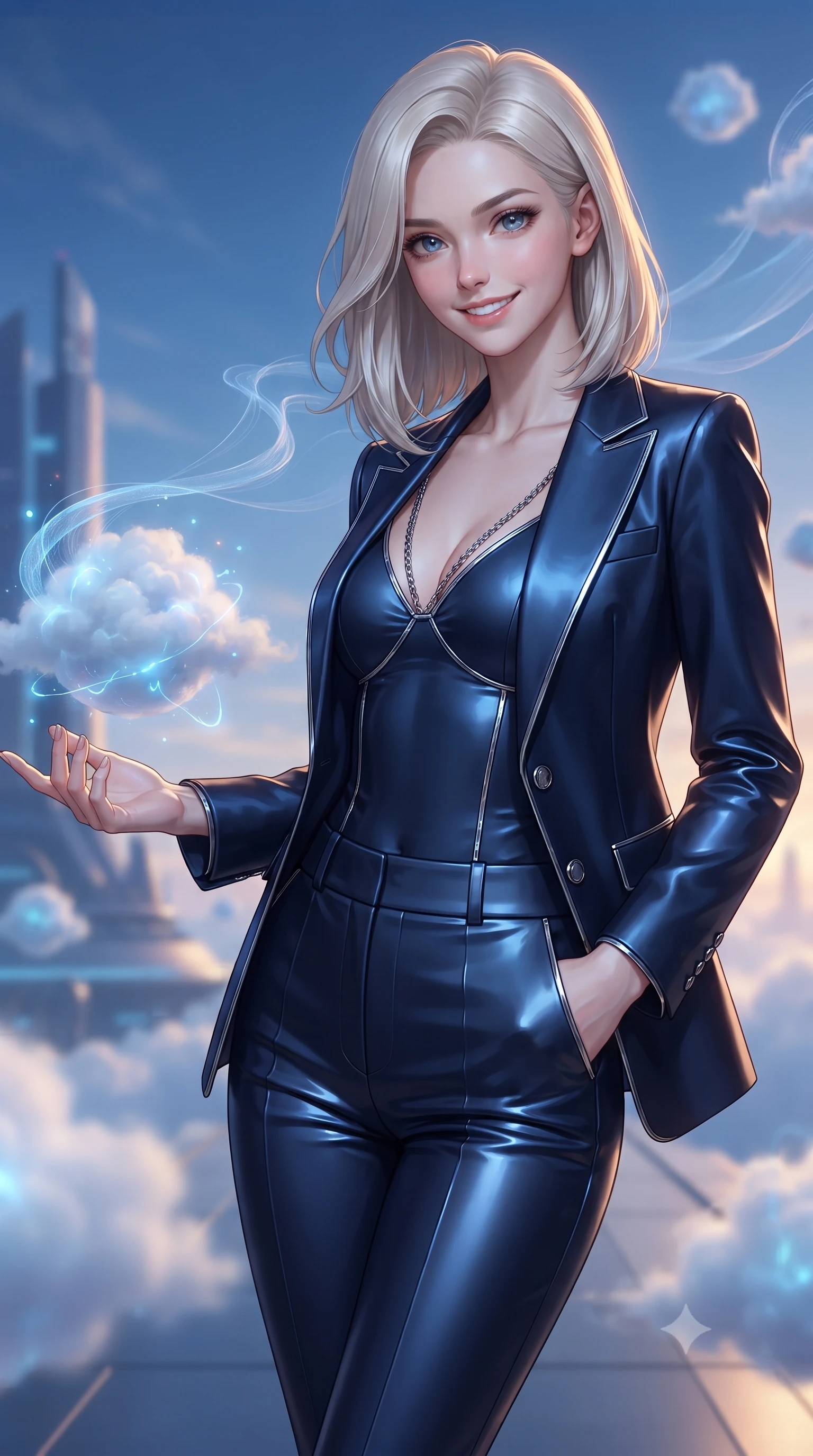 score_9, masterpiece, best quality, ultra-detailed, high-budget anime keyframe, editorial fashion photography, tasteful artistic composition, Caucasian woman. close-up cowboy shot from the waist and thighs up, the character dominates the composition, filling the frame with her large presence, background elements kept in soft focus. Smiling with quiet, magnetic self-assurance directly into the lens resting near a glowing cloud sphere emitting soft electric blue pulses, fine cloud threads weaving together into fluid ribbons in mid-air. She has an exceptionally elegant, slender, and willowy female figure with an ultra-slim waist, a gracefully sculpted slender torso, and a refined silhouette. sharp v-shaped jawline, high-bridge nose, intricate jewel-like eyes with depth, thick eyelashes, glossy lips with a natural sheen. wearing a tailored silk blazer over a form-contouring top and fitted slacks in midnight navy blue and chrome trim, formed from sleek second-skin neoprene, adorned with delicate metallic chain straps along the neckline, the elegant draped fit framing her graceful clavicle and slender torso. bathed in a dual-tone palette of electric blue and warm amber sky rays. ultra-reflective glossy finish, specular highlights, metallic sheen, high-contrast stereoscopic depth, volumetric dynamic lighting, 2k, ultra detail, master piece, 9:16 ratio