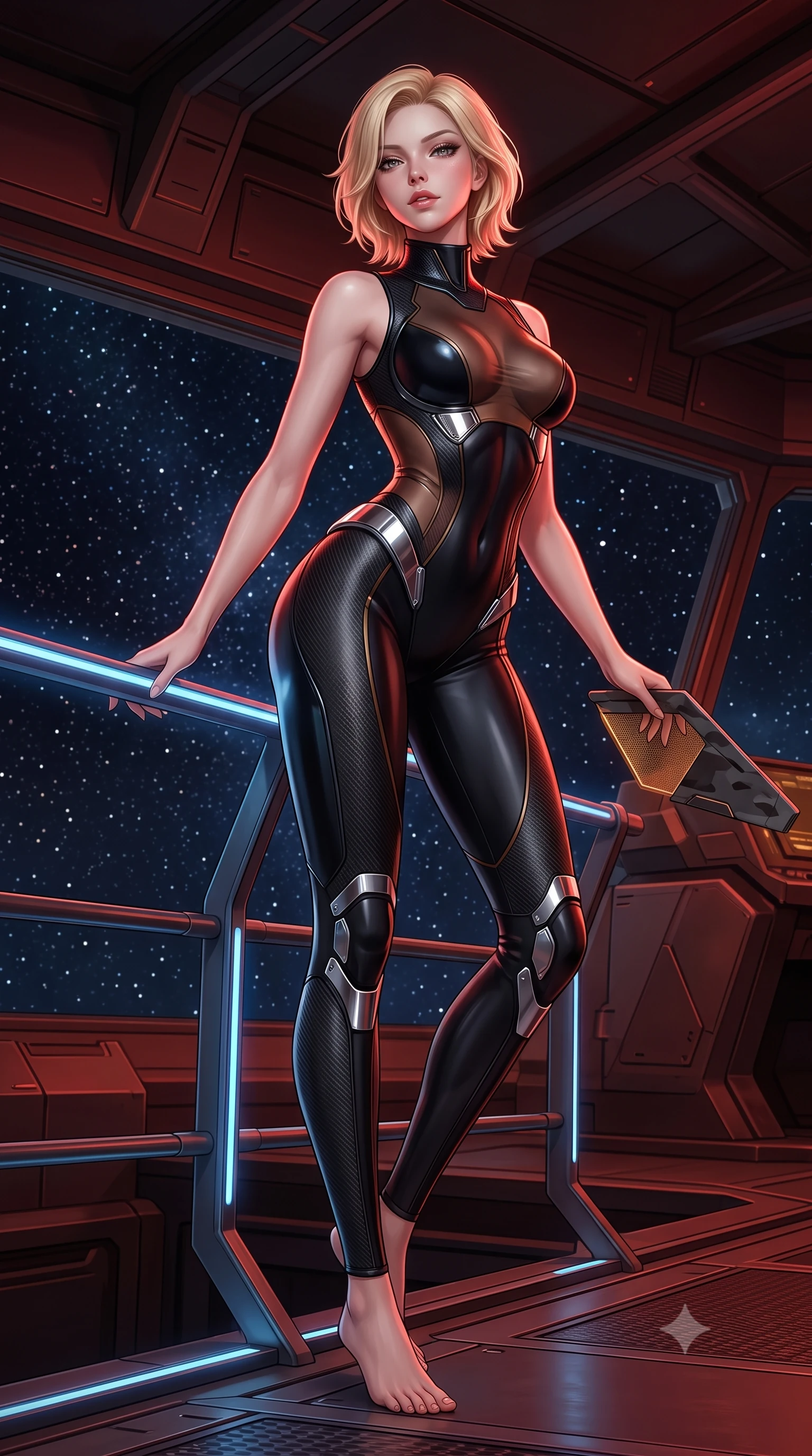 score_9, masterpiece, best quality, ultra-detailed, high-budget anime keyframe, semi-realistic 3D game render, editorial fashion photography, tasteful artistic composition, Caucasian woman. low angle full-body shot from head to toe showing her feet, filling the entire 9:16 vertical frame with her statuesque presence, stretching her vertical silhouette. standing in a tall, confident posture with one hand on a glowing metal railing, stretching her statuesque body as she arches her lower back to emphasize her sculpted feminine hips and slender waist while leaning against an active-camo emitter fin with hips cocked back, casting an intoxicating, dangerous bedroom-gaze into the starfield. The surrounding environment is rendered in vivid detail and crisp panoramic clarity: detailed stealth suit texture, starlight highlights on carbon plates, and stealth warship architecture in razor-sharp precision. She has an absolutely perfect, statuesque 8.5-heads proportion, an exceptionally tall and slender model-like female figure with impossibly long slender legs, an ultra-slim waist, a flat toned midriff, narrow delicate ribcage, and beautifully sculpted feminine hips creating a graceful, slim hourglass silhouette without any bulky heaviness. sharp v-shaped jawline, high-bridge nose, intricate jewel-like sparkling eyes with depth, thick eyelashes, glossy parted lips with a natural sheen, bright confident smile with an enchanting and coquettish sensual glint, exuding both youthful magnetic charm and sovereign high-tech allure, flawlessly proportioned anatomical accuracy, strict slender model proportions, natural body alignment, perfectly sculpted long slender limbs, ultra-slim waistline, clean dynamic posture without body distortion. wearing a sleeveless high-collar cyber pilot suit in liquid-look obsidian jersey with strategic sheer ventilation panels in burnished bronze alloy and smoked glass black, crafted from lightweight aerodynamic matte carbon-fiber weave with structural stiffness, accented with strategically placed chrome armor plate guards covering key curves, the form-fitting tactical tailoring adhering flawlessly to her sculpted flat midriff and slender torso, emphasizing her long leg lines and perfectly proportioned willowy build. bathed in low-key red and dim amber tactical lighting contrasting with cold starlight. highly saturated vibrant anime colors, detailed shading with soft gradients, rich glossy textures, high-contrast stereoscopic depth, volumetric dynamic lighting, master piece, 9:16 ratio