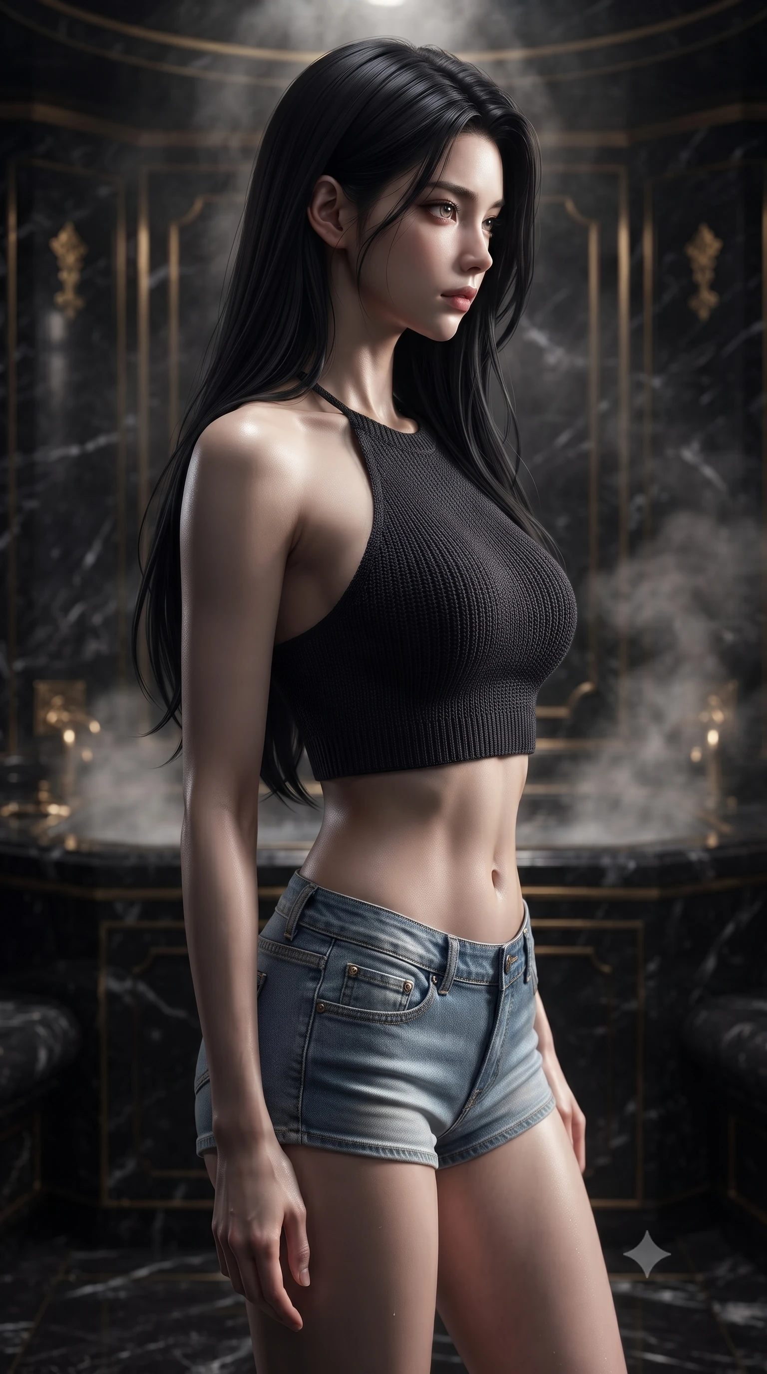 score_9, masterpiece, best quality, ultra-detailed, high-budget anime keyframe, editorial fashion photography, tasteful artistic composition, Korean woman woman. close-up cowboy shot from the waist and thighs up, the character dominates the composition, filling the frame with her large presence, background elements kept in soft focus. turning her face in sharp profile, casting a cold, mysterious, yet intensely alluring side gaze, the background shows a soft-focus a private steam room built of dark obsidian stone with gold accents. She has an exceptionally elegant, slender, and willowy female figure with an ultra-slim waist, a gracefully sculpted slender torso, and a refined silhouette. sharp v-shaped jawline, high-bridge nose, intricate jewel-like eyes with depth, thick eyelashes, glossy lips with a natural sheen. wearing a tailored chic knit halter crop top paired with denim micro-shorts, showing her delicately sculpted midriff. dramatic chiaroscuro lighting focusing on her athletic, slender build. ultra-reflective glossy finish, specular highlights, metallic sheen, high-contrast stereoscopic depth, volumetric dynamic lighting, 2k, ultra detail, master piece, 9:16 ratio