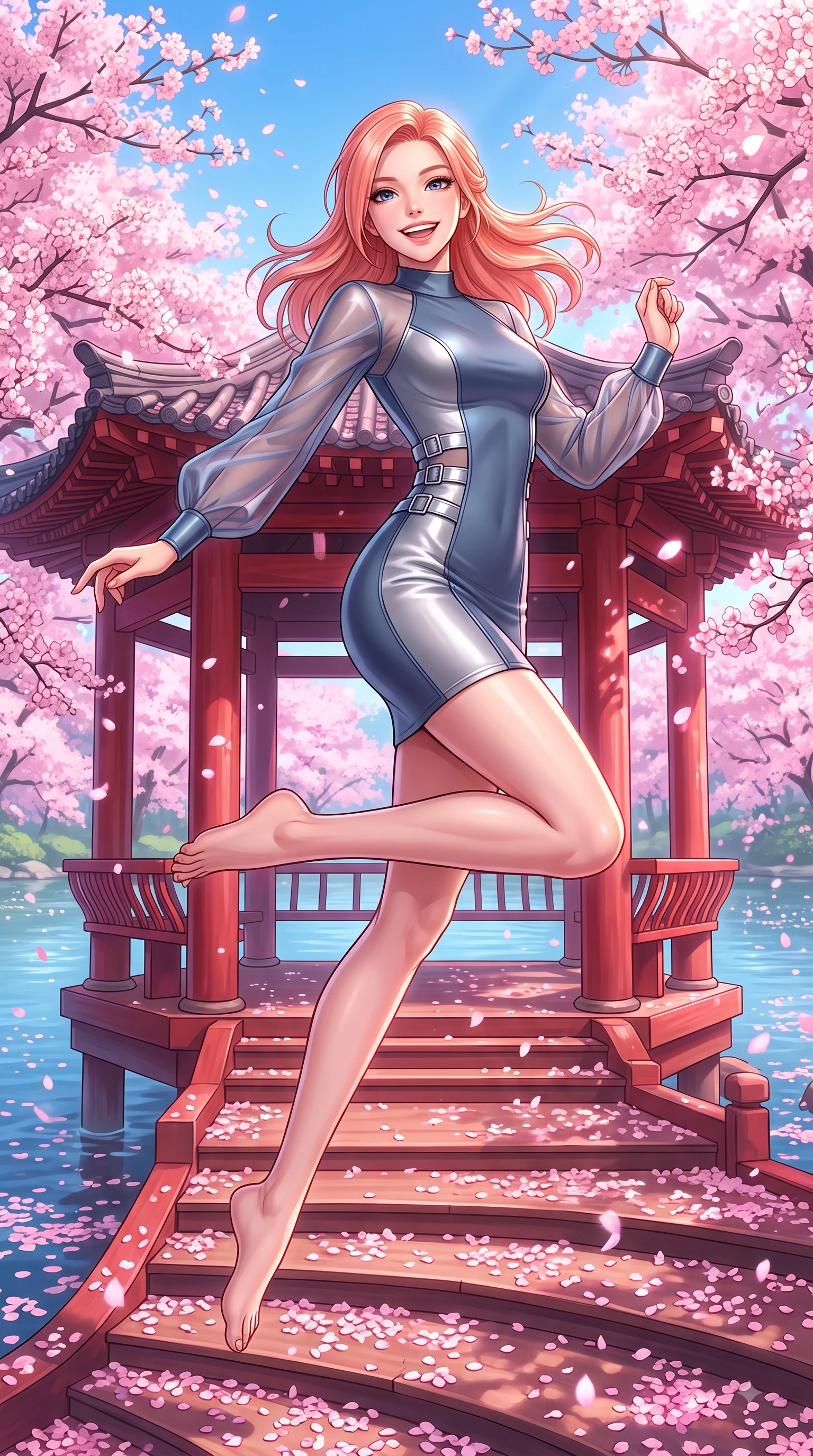 score_9, masterpiece, best quality, ultra-detailed, high-budget anime keyframe, editorial fashion photography, tasteful artistic composition, Japanese woman. low angle full-body shot from head to toe showing her feet, filling the entire 9:16 vertical frame with her statuesque presence, stretching her vertical silhouette. leaping with pure joy through mid-air with a radiant bright smile, her impossibly long slender legs stretched in perfect balance while pivoting gracefully on the steps of a traditional red wooden pavilion with a warm smile, dense canopies of pink cherry blossoms scattering petals across the clear blue lake. She has an absolutely perfect, statuesque 8.5-heads proportion, an exceptionally tall and slender model-like female figure with impossibly long slender legs and an ultra-slim waist. sharp v-shaped jawline, high-bridge nose, intricate jewel-like eyes with depth, thick eyelashes, glossy lips with a natural sheen, flawlessly proportioned anatomical accuracy, natural body alignment, perfectly sculpted elegant limbs, clean dynamic posture without body distortion. wearing a sleek bodycon knit dress with strategic sheer organza sleeve panels in slate blue and metallic silver, formed from sleek second-skin neoprene, detailed with polished silver buckles along the waistline, the elegant draped fit framing her graceful clavicle and slender torso. illuminated by soft glowing pink ambient light and clear sky refractions. highly saturated vibrant anime colors, detailed shading with soft gradients, rich glossy textures, high-contrast stereoscopic depth, volumetric dynamic lighting, master piece, 9:16 ratio