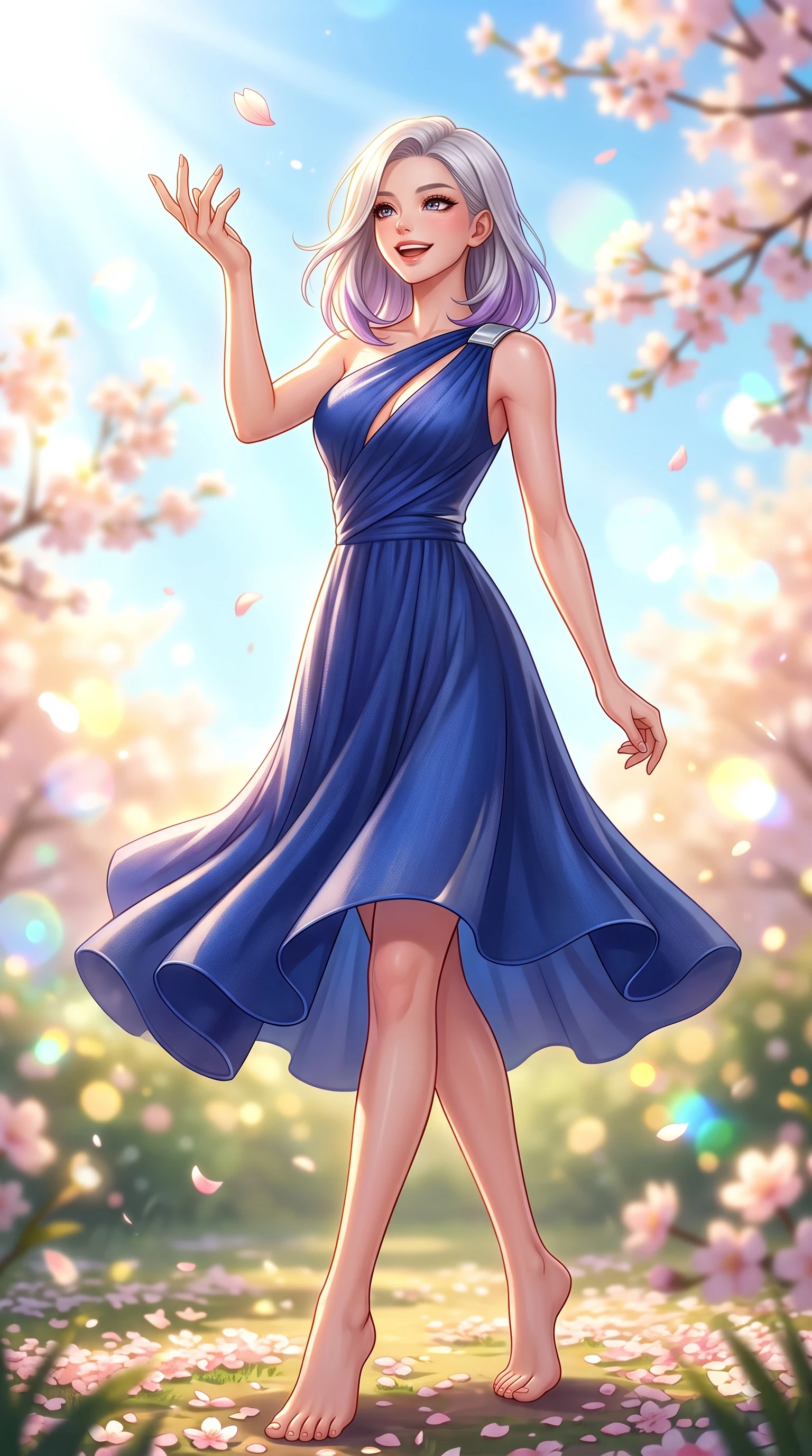 score_9, masterpiece, best quality, ultra-detailed, high-budget anime keyframe, editorial fashion photography, tasteful artistic composition, Caucasian woman. low angle full-body shot from head to toe showing her feet, filling the entire 9:16 vertical frame with her statuesque presence, stretching her vertical silhouette. performing a cheerful mid-motion turn with flawless poise, her radiant smile capturing fresh girlhood energy while reaching her hand up playfully to catch a floating blossom petal in mid-air. The composition keeps background elements in soft focus with dreamy bokeh. pastel spring sky refractions and flower branches blurred in smooth creamy depth. She has an absolutely perfect, statuesque 8.5-heads proportion, an exceptionally tall and slender model-like female figure with impossibly long slender legs and an ultra-slim waist. sharp v-shaped jawline, high-bridge nose, intricate jewel-like eyes with depth, thick eyelashes, glossy lips with a natural sheen, flawlessly proportioned anatomical accuracy, natural body alignment, perfectly sculpted elegant limbs, clean dynamic posture without body distortion. wearing an asymmetrical draped chiffon midi dress with a sleek shoulder accent in deep royal blue and polished silver accent, knitted from soft cozy cashmere yarn, accented with a Tasteful chest slit framing her clavicle gracefully, the glove-like fit emphasizing her statuesque silhouette during motion. bathed in bright morning sunbeams and warm golden sakura backlighting. highly saturated vibrant anime colors, detailed shading with soft gradients, rich glossy textures, high-contrast stereoscopic depth, volumetric dynamic lighting, master piece, 9:16 ratio