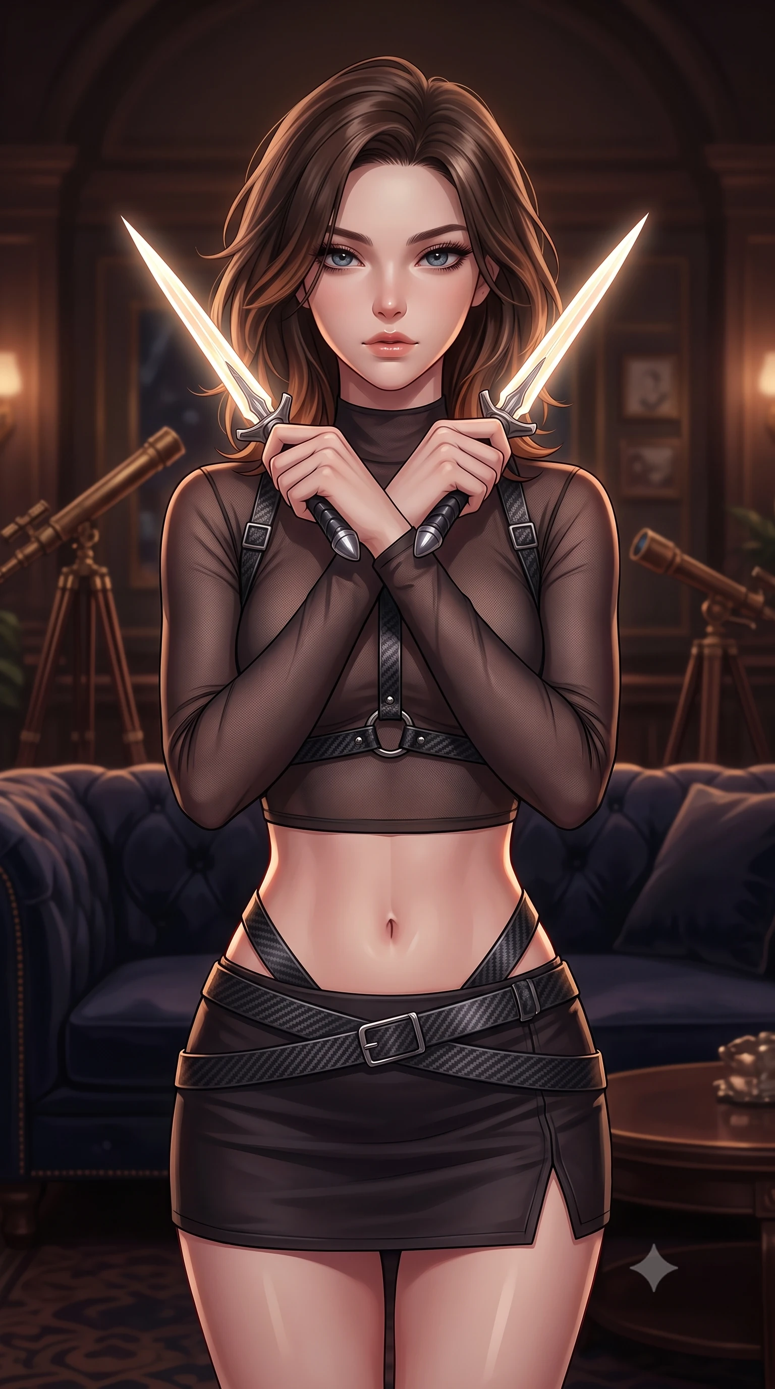 score_9, masterpiece, best quality, ultra-detailed, high-budget anime keyframe, editorial fashion photography, tasteful artistic composition, Korean woman. close-up cowboy shot from the waist and thighs up, the character dominates the composition, filling the frame with her large presence, background elements kept in soft focus. holding two energy daggers crossed in front of her elegant collarbone, casting a heavy-lidded, sultry look, the background shows a soft-focus a theater foyer lounge with dark velvet sofas and antique telescopes. She has an exceptionally elegant, slender, and willowy female figure with an ultra-slim waist, a gracefully sculpted slender torso, and a refined silhouette. sharp v-shaped jawline, high-bridge nose, intricate jewel-like eyes with depth, thick eyelashes, glossy lips with a natural sheen. wearing a form-contouring semi-opaque dark mesh crop top paired with a micro skirt, layered with a carbon-fiber harness. low-contrast warm ambient glow creating a mysterious, cozy mood inside. highly saturated vibrant anime colors, detailed shading with soft gradients, rich glossy textures, high-contrast stereoscopic depth, volumetric dynamic lighting, master piece, 9:16 ratio