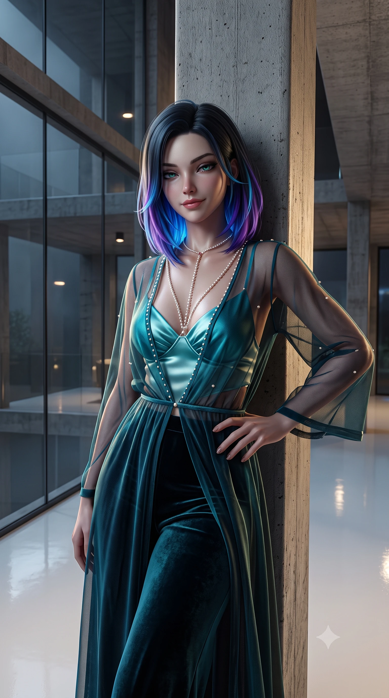 score_9, masterpiece, best quality, ultra-detailed, high-budget anime keyframe, semi-realistic 3D game render, editorial fashion photography, tasteful artistic composition, Caucasian woman. close-up cowboy shot from the waist and thighs up, the character dominates the composition, filling the frame with her large presence. tilting her head with a teasing half-smile, running one hand slowly down the side of her hip in a flirtatious S-curve as ambient light caresses her silhouette while leaning against the structural concrete mezzanine pillar with hips cocked back, looking through night mist with heavy-lidded bedroom-eyes. The surrounding environment is rendered in vivid detail and crisp panoramic clarity: sharp frameless structural glass joins, cast concrete column textures, and white resin floor gloss in deep focus. She has an exceptionally elegant, slender, and willowy female figure with an ultra-slim waist, flat toned midriff, narrow ribcage, and sculpted feminine hips creating an alluring, slim hourglass silhouette without bulk. sharp v-shaped jawline, high-bridge nose, intricate jewel-like sparkling eyes with depth, thick eyelashes, glossy parted lips with a natural peach sheen, bright cheerful beaming smile with an enchanting and coquettish sensual glint, exuding both youthful cute charm and seductive allure, flawlessly proportioned anatomical accuracy, strict slender model proportions, natural body alignment, perfectly sculpted long slender limbs, ultra-slim waistline, clean dynamic posture without body distortion. wearing a provocative plunge-front sheer mesh caftan with delicate pearl beading worn open over micro satin lingerie in Mediterranean bioluminescent teal and radiant pearl, tailored from ultra-plush silk velvet with rich tactile depth and deep shadow gradients, accented with a pearl-drop body harness subtly framing her dewy collarbones and spine, the glove-like clinging cut tightly following the natural contour of her hips and long slender legs with youthful 8.5-heads elegance. illuminated by floor specular reflection bounce and sharp platinum-gold rim lights sculpting her jawline, narrow waist, and curvy hips. highly saturated vibrant anime colors, detailed shading with soft gradients, rich glossy textures, high-contrast stereoscopic depth, volumetric dynamic lighting, master piece, 9:16 ratio