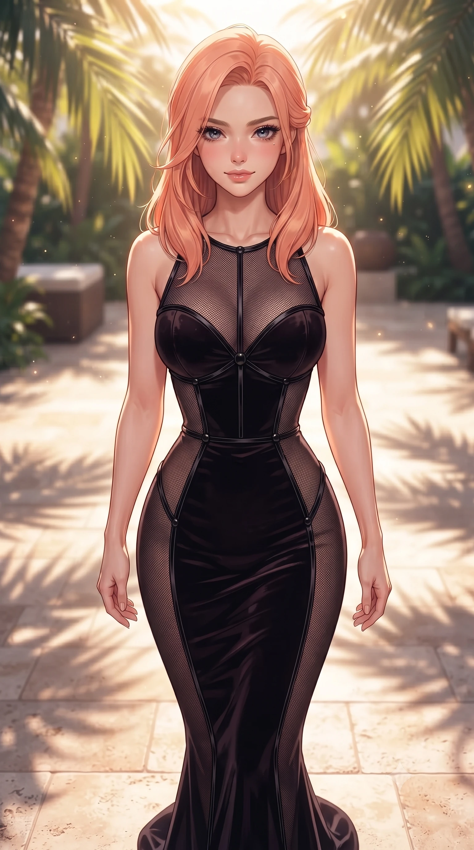 score_9, masterpiece, best quality, ultra-detailed, high-budget anime keyframe, editorial fashion photography, tasteful artistic composition, Japanese woman. close-up cowboy shot from the waist and thighs up, the character dominates the composition, filling the frame with her large presence, background elements kept in soft focus. Smiling with quiet, magnetic self-assurance directly into the camera, walking across warm travertine tiles as palm fronds filter bright sunlight, dewy natural skin finish with glossy lips and thick dark lashes. She has an exceptionally elegant, slender, and willowy female figure with an ultra-slim waist, a gracefully sculpted slender torso, and a refined silhouette. sharp v-shaped jawline, high-bridge nose, intricate jewel-like eyes with depth, thick eyelashes, glossy lips with a natural sheen. wearing sculpted form-fitting dark velvet column gown in pitch black in dark mahogany, made of fine dark contouring mesh, adorned with minimalist black onyx hardware framing the silhouette, contouring every curve with an exceptionally elegant silhouette. bathed in bright golden sunlight filtering through tropical palm fronds. highly saturated vibrant anime colors, detailed shading with soft gradients, rich glossy textures, high-contrast stereoscopic depth, volumetric dynamic lighting, master piece, 9:16 ratio