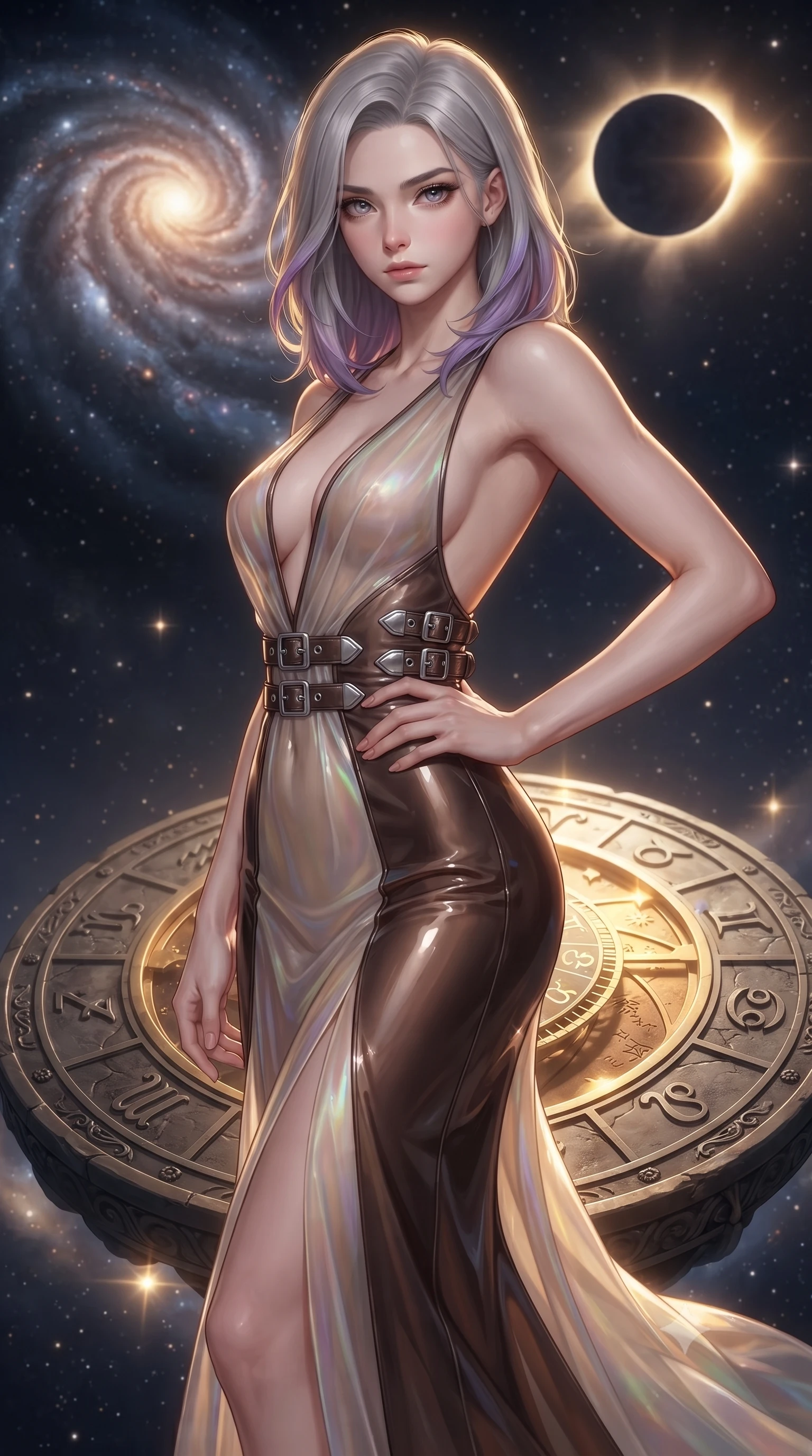 score_9, masterpiece, best quality, ultra-detailed, high-budget anime keyframe, editorial fashion photography, tasteful artistic composition, Caucasian woman. close-up cowboy shot from the waist and thighs up, the character dominates the composition, filling the frame with her large presence, background elements kept in soft focus. Holding a confident power pose with one hand on her hip, gazing directly into the camera with quiet intensity standing on a floating zodiac dial beneath a swirling spiral nebula, a cosmic eclipse casting brilliant golden rim highlights. She has an exceptionally elegant, slender, and willowy female figure with an ultra-slim waist, a gracefully sculpted slender torso, and a refined silhouette. sharp v-shaped jawline, high-bridge nose, intricate jewel-like eyes with depth, thick eyelashes, glossy lips with a natural sheen. wearing a translucent iridescent chiffon gown with a plunging neckline and open back in espresso brown and warm cream, tailored from high-gloss patent leather, detailed with polished silver buckles along the waistline, the form-contouring material highlighting her ultra-slim waist and long lines. illuminated by brilliant starlight and warm golden inner glow from the astrolabe. ultra-reflective glossy finish, specular highlights, metallic sheen, high-contrast stereoscopic depth, volumetric dynamic lighting, 2k, ultra detail, master piece, 9:16 ratio
