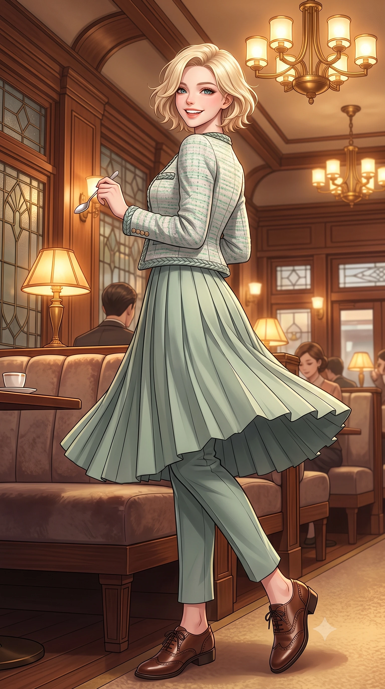 score_9, masterpiece, best quality, ultra-detailed, high-budget anime keyframe, semi-realistic 3D game render, editorial fashion photography, tasteful artistic composition, Caucasian woman. low angle full-body shot from head to toe showing her feet, filling the entire 9:16 vertical frame with her statuesque presence, stretching her vertical silhouette. executing an elegant pivot turn as the hem of her pleated wool skirt sways rhythmically, glancing back with joyful radiance while perched gracefully on the edge of the velvet banquette, holding a silver dessert spoon with playful, charming elegance. The surrounding environment is rendered in vivid detail and crisp panoramic clarity: detailed embroidered wool blazer lapels, tailored cigarette trousers, and Taisho-modernist architectural craftsmanship in razor-sharp precision. She has an exceptionally tall and slender model-like 8.5-heads proportion, an ultra-slim waist, a flat toned midriff, narrow delicate ribcage, and beautifully sculpted feminine hips creating a graceful, slim hourglass silhouette without any bulky heaviness, with impossibly long slender legs. sharp v-shaped jawline, high-bridge nose, intricate jewel-like sparkling eyes with depth, thick eyelashes, glossy parted lips with a natural peach sheen, bright cheerful beaming smile with an enchanting and coquettish sensual glint, exuding both youthful cute charm and seductive allure, flawlessly proportioned anatomical accuracy, strict slender model proportions, natural body alignment, perfectly sculpted long slender limbs, ultra-slim waistline, clean dynamic posture without body distortion. wearing a collarless pastel bouclé tweed jacket with braided trims paired with a coordinating high-waisted A-line midi skirt in misty Arashiyama bamboo green and slate grey, tailored from fine wool gabardine with crisp permanent pleats and sharp drape, complemented by classic polished leather oxfords with brogue perforations, the sharp shoulder tailoring and gently nipped waist framing her slender torso with pristine sartorial perfection. bathed in warm 2900K incandescent amber illumination from authentic Art Deco brass chandeliers and table lamps. highly saturated vibrant anime colors, detailed shading with soft gradients, rich glossy textures, high-contrast stereoscopic depth, volumetric dynamic lighting, master piece, 9:16 ratio
