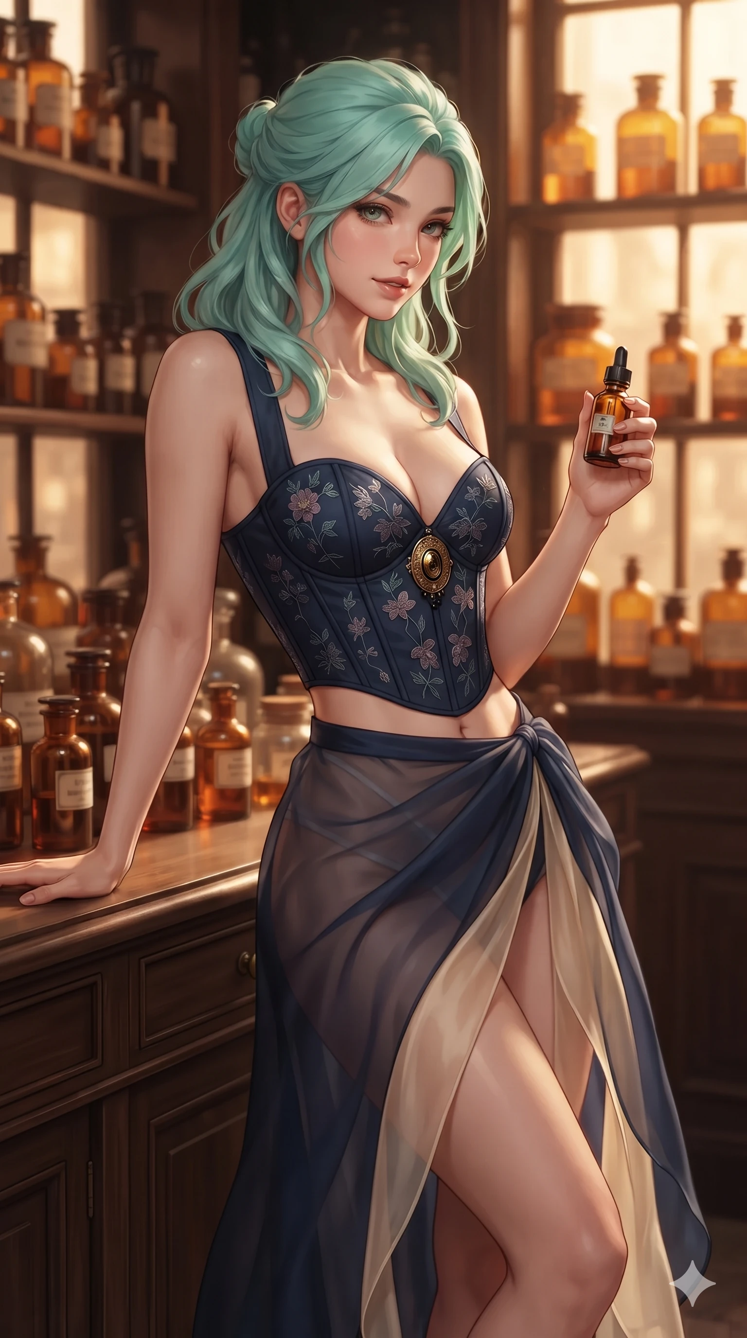 score_9, masterpiece, best quality, ultra-detailed, high-budget anime keyframe, editorial fashion photography, tasteful artistic composition, Japanese woman. close-up cowboy shot from the waist and thighs up, the character dominates the composition, filling the frame with her large presence. twisting her slender torso in a deep contrapposto stance, hips dramatically shifted to accentuate her feminine curves while looking past her shoulder with smoldering bedroom-eyes while leaning against the apothecary counter with hips cocked back, holding an amber glass dropper bottle with an intoxicating, knowing smile. The background shows a soft-focus antique Victorian apothecary softened in atmospheric interior shallow focus. She has an exceptionally elegant, slender, and willowy female figure with an ultra-slim waist, flat toned midriff, narrow ribcage, and sculpted feminine hips creating an alluring, slim hourglass silhouette without bulk. sharp v-shaped jawline, high-bridge nose, sparkling eyes with hypnotic seductive depth, thick curled eyelashes, glossy parted lips with a natural dewy peach sheen, alluring bedroom-eyes with an enchanting coquettish smile, exuding magnetic siren charisma and sophisticated glamour, flawlessly proportioned anatomical accuracy, strict slender model proportions, natural body alignment, perfectly sculpted long slender limbs, ultra-slim waistline, clean dynamic posture without body distortion. wearing a plunging sweetheart-neckline boned corset top with pressed flower embroidery paired with a sheer organza wrap skirt in French Riviera navy and crisp champagne ivory, tailored from crisp high-density botanical cotton poplin with pristine structural hold, finished with an authentic engraved gold medallion and obsidian cabochons, the second-skin tailored fabric adhering flawlessly to her sculpted flat midriff and slender torso, emphasizing her long leg lines and perfectly proportioned willowy build. bathed in rich amber light glowing through dozens of liquid-filled glass bottles on sunlit window sills. ultra-reflective glossy finish, specular highlights, rich textural contrasts, high-contrast stereoscopic depth, volumetric dynamic lighting, 2k, ultra detail, master piece, 9:16 ratio