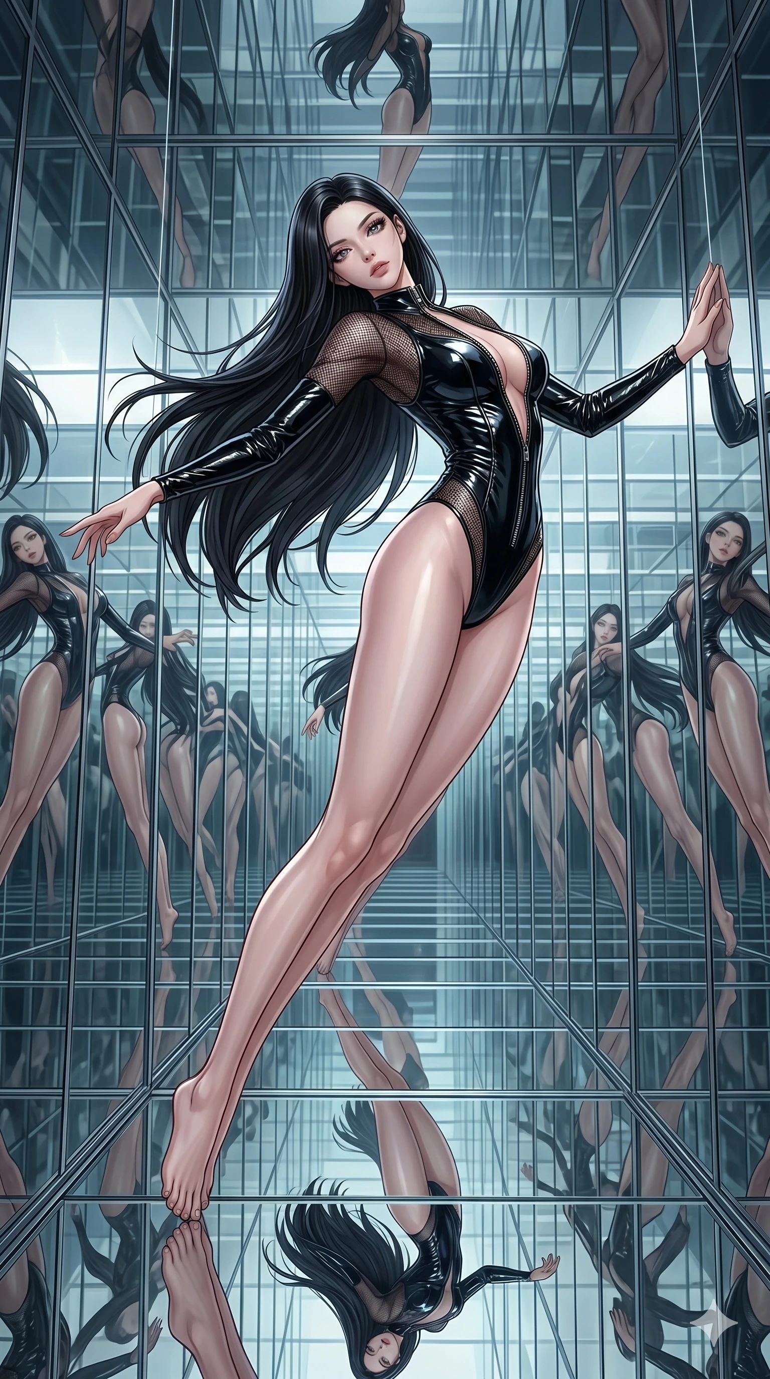 score_9, masterpiece, best quality, ultra-detailed, High-budget Anime Keyframe, East Asian woman. Dynamic full-body shot stretching the vertical silhouette to the limit. Scenario 46: Suspended by invisible silk threads in a hall of mirrors. Her presence is magnetic and overpowering in this high-budget anime scene. Outfit 46: A patent leather mesh with a unzipped detail and wet-look texture. The clothing is designed to emphasize her exceptionally tall and slender 8-heads proportion. 8-heads proportion, towering silhouette, ultra-slim waist. sharp v-shaped jawline, intricate jewel-like eyes with depth, thick eyelashes, glossy lips. 2k, ultra detail, master piece, 9:16 ratio