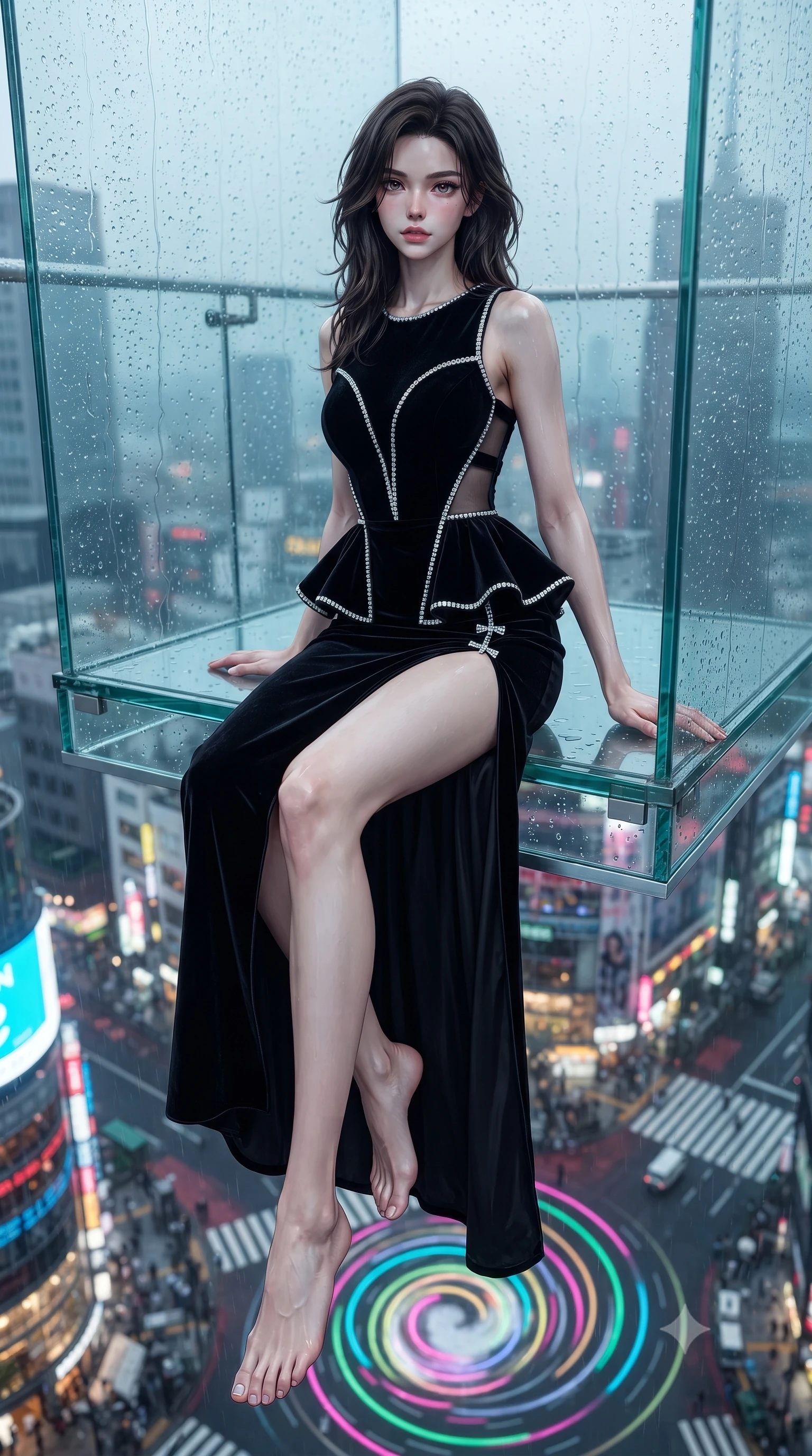 score_9, masterpiece, best quality, ultra-detailed, high-budget anime keyframe, editorial fashion photography, tasteful artistic composition, Korean woman. low angle full-body shot from head to toe showing her feet, filling the entire 9:16 vertical frame with her statuesque presence, stretching her vertical silhouette. sitting perched on the elevated edge with hips angled toward the camera and legs crossed, displaying her toned midriff and flawlessly sculpted slender limbs while leaning deep against the transparent cantilevered glasscube railing suspended 300 meters above Shibuya, hips cocked back as neon crossroads swirl beneath her feet. The surrounding environment is rendered in vivid detail and crisp panoramic clarity. sharp glasscube seam joints, rain droplet tracks on glass, and high-altitude skyscraper spire clarity in deep focus. She has an exceptionally tall and slender model-like 8.5-heads proportion, an ultra-slim waist, a flat toned midriff, narrow delicate ribcage, and beautifully sculpted feminine hips creating a graceful, slim hourglass silhouette without any bulky heaviness, with impossibly long slender legs. sharp v-shaped jawline, high-bridge nose, intricate jewel-like eyes with depth, thick eyelashes, glossy parted lips with a natural sheen, intensely captivating and seductive bedroom-eyes expression, flawlessly proportioned anatomical accuracy, strict slender model proportions, natural body alignment, perfectly sculpted long slender limbs, ultra-slim waistline, clean dynamic posture without body distortion. wearing a structural geometric peplum gown with sheer side-ribbon cutouts and form-fitting skirt in pitch-black velvet with diamond crystal trim, tailored from liquid silk jersey adhering flawlessly to her slender build, finished with an ultra-high side slit secured by miniature jeweled clasps, the glove-like aerodynamic silhouette tightly following the natural contour of her hips and long slender legs with statuesque 8.5-heads elegance. illuminated by wet specular glass bounce lights sculpting her razor-sharp jawline, narrow waist, and curvy hips. ultra-reflective glossy finish, specular highlights, rich textural contrasts, high-contrast stereoscopic depth, volumetric dynamic lighting, 2k, ultra detail, master piece, 9:16 ratio