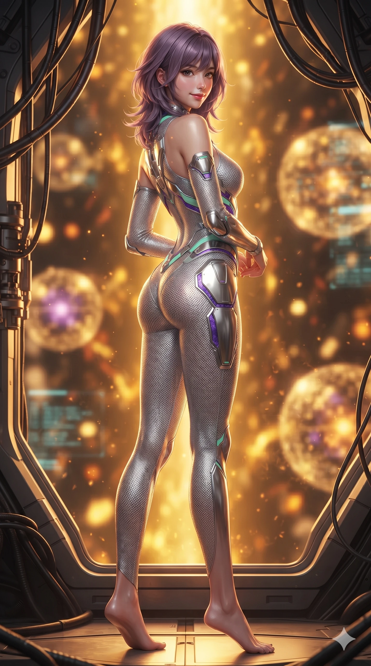 score_9, masterpiece, best quality, ultra-detailed, high-budget anime keyframe, editorial fashion photography, tasteful artistic composition, Japanese woman. low angle full-body shot from head to toe showing her feet, filling the entire 9:16 vertical frame with her statuesque presence, stretching her vertical silhouette. posing in a classic haute-couture S-curve stance beside the panoramic viewport, looking over a bare shoulder with magnetic presence while twisting her slender torso in an alluring S-curve between high-pressure conduits, radiant core illumination tracing her flat midriff and hourglass curves. The background shows a soft-focus pulsing spherical plasma containment fields, drifting cooling mist, and glowing telemetry arrays blurred into fiery gold, amber, and obsidian bokeh. She has an absolutely perfect, statuesque 8.5-heads proportion, an exceptionally tall and slender model-like female figure with impossibly long slender legs, an ultra-slim waist, a flat toned midriff, narrow delicate ribcage, and beautifully sculpted feminine hips creating a graceful, slim hourglass silhouette without any bulky heaviness. sharp v-shaped jawline, high-bridge nose, intricate jewel-like sparkling eyes with depth, thick eyelashes, glossy parted lips with a natural sheen, bright confident smile with an enchanting and coquettish sensual glint, exuding both youthful magnetic charm and sovereign high-tech allure, flawlessly proportioned anatomical accuracy, strict slender model proportions, natural body alignment, perfectly sculpted long slender limbs, ultra-slim waistline, clean dynamic posture without body distortion. wearing a form-contouring delicate silver nano-mesh bodysuit with strategically placed chrome armor plate guards covering key curves in phosphorescent ultraviolet amethyst and mint green, crafted from stretch micro-mesh with liquid foil coating that shimmers with every movement, accented with strategically placed chrome armor plate guards covering key curves, the form-fitting tactical tailoring adhering flawlessly to her sculpted flat midriff and slender torso, emphasizing her long leg lines and perfectly proportioned willowy build. bathed in the blinding warm golden radiance of the magnetic fusion core with dynamic volumetric heat shimmers. ultra-reflective glossy finish, specular highlights, rich textural contrasts, high-contrast stereoscopic depth, volumetric dynamic lighting, 2k, ultra detail, master piece, 9:16 ratio