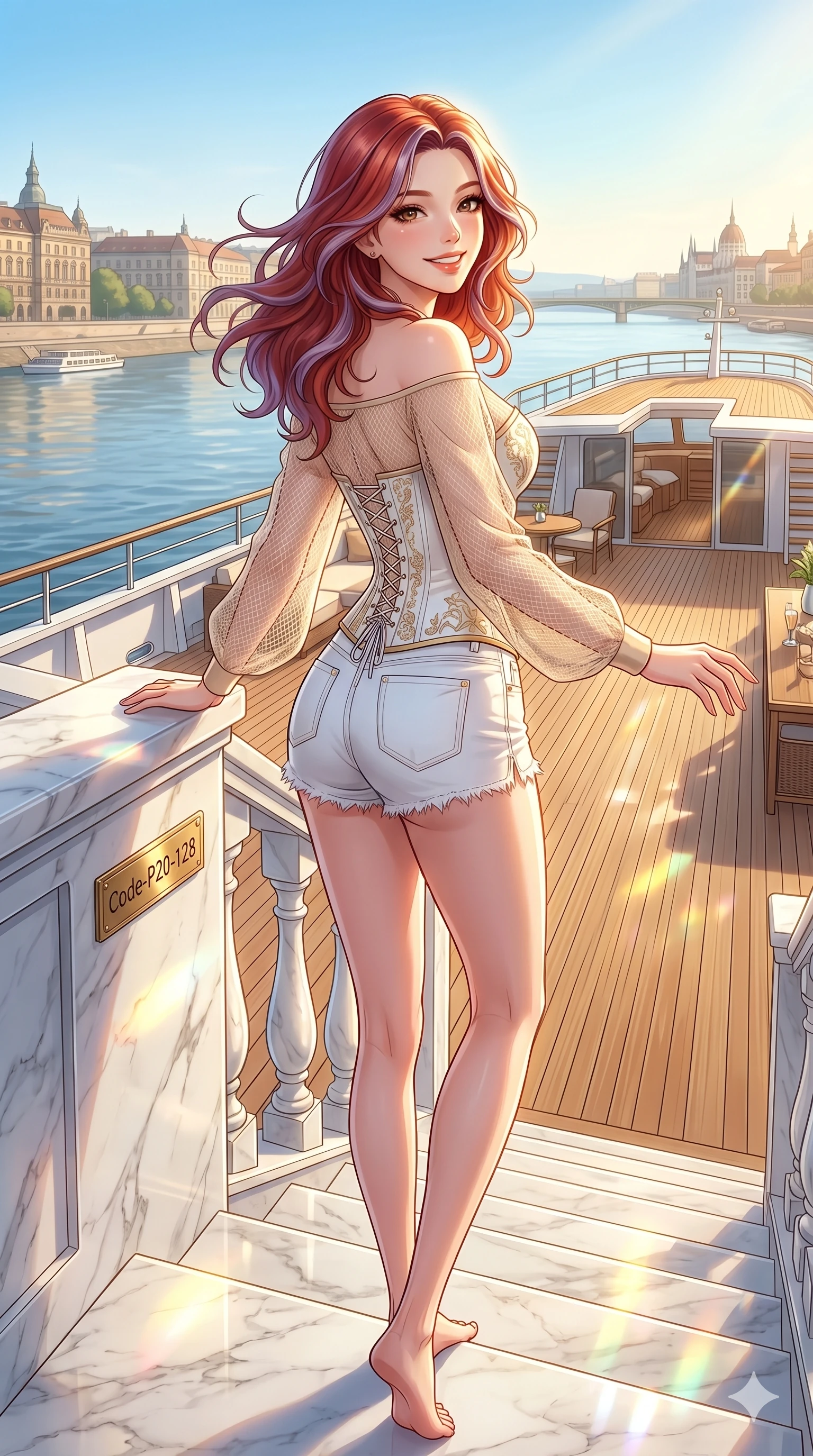 score_9, masterpiece, best quality, ultra-detailed, high-budget anime keyframe, vibrant anime aesthetic, Caucasian woman, strictly human ears. cowboy shot from the thighs up, character and outfit filling the frame for maximum presence. She is standing on the marble steps, looking at the camera with a radiant smile on the deck of a luxury riverboat in the sun (Code-P20-128). She has an absolutely perfect 8-heads proportion, an exceptionally tall and slender female figure with impossibly long slender legs and an ultra-slim waist. V-shaped jawline, high-bridge nose, intricate jewel-like eyes with depth, thick eyelashes, glossy lips with a natural sheen. wearing a sheer mesh resort top paired with a structured corset and micro-shorts. She is bathed in a luminous, warm sunshine highlighting her sleek silhouette and features. 2k, ultra detail, master piece, 9:16 ratio