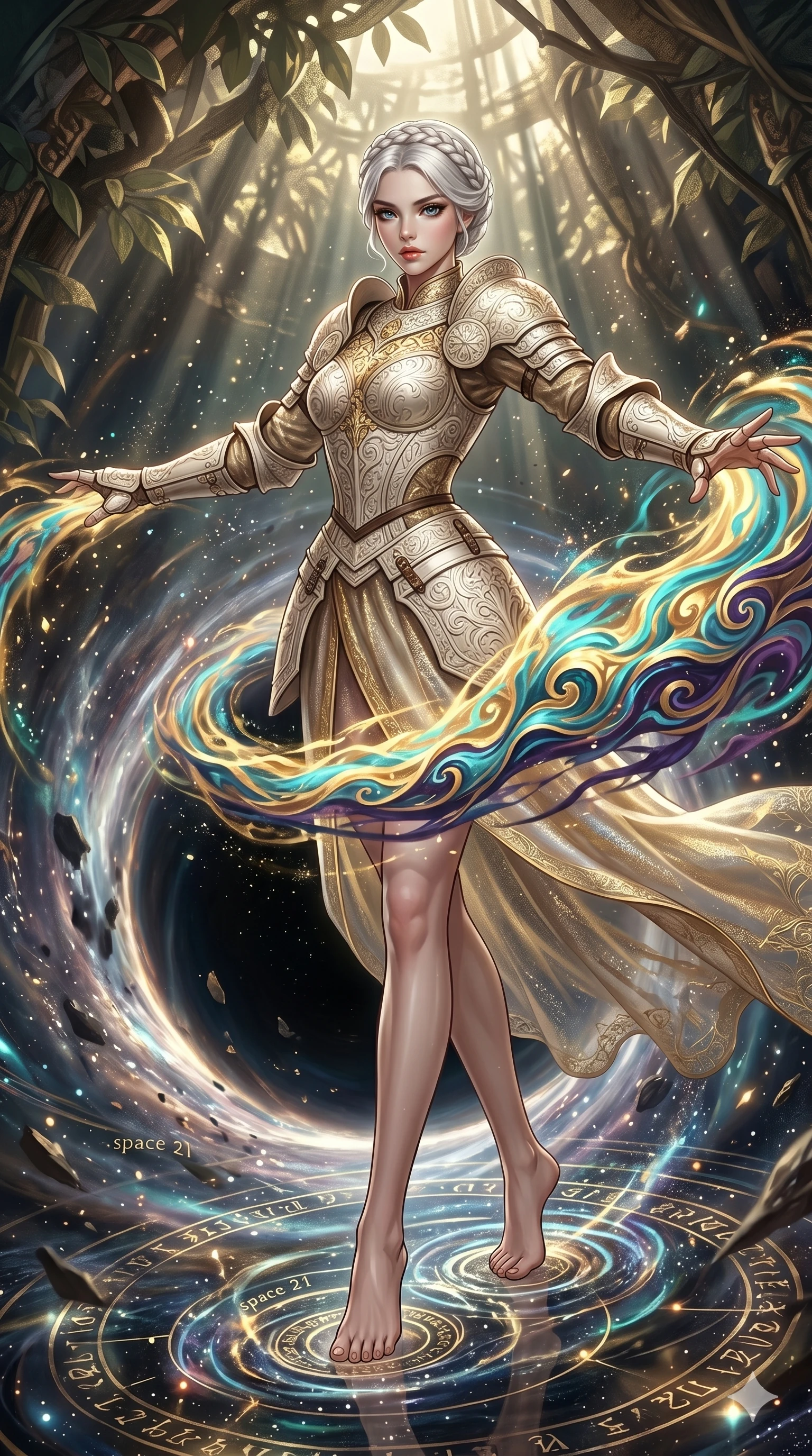 score_9, masterpiece, best quality, ultra-detailed, Set A: High-budget Anime Keyframe, Korean woman. Low angle cowboy shot filling the entire 9:16 frame with her statuesque presence. Theme: Historical Remix. unleashing a massive energy wave in the edge of a black hole, as she steps on ripples of time that distort the space 21. The atmosphere is filled with cinematic sunlight through leaves. She has an absolutely perfect 8-heads proportion, an exceptionally tall and slender female figure with impossibly long slender legs and an ultra-slim waist. Sharp v-shaped jawline, high-bridge nose, intricate jewel-like eyes with depth, glossy lips. Wearing Ornate ivory-carved plate armor over a sheer gold-thread silk gown. Cinematic lighting, vivid colors, dramatic shadows, 2k, ultra detail, master piece, 9:16 ratio