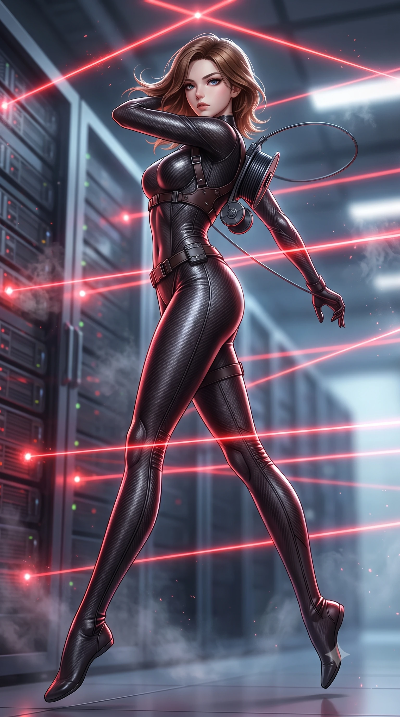 score_9, masterpiece, best quality, ultra-detailed, high-budget anime keyframe, semi-realistic 3D game render, editorial fashion photography, tasteful artistic composition, Korean woman. low angle full-body shot from head to toe showing her feet, filling the entire 9:16 vertical frame with her statuesque presence, stretching her vertical silhouette. executing an elegant mid-motion spin with effortless grace, her garments fluttering softly around her ultra-slim waistline while navigating a high-security mainframe server vault, contorting her slender athletic body in a flawless gymnastic evasion beneath glowing red laser grids. The composition keeps background elements in soft focus with creamy bokeh. cooling vapor wisps and airborne particulate dust catching bright red laser beam motes. She has an absolutely perfect, statuesque 8.5-heads proportion, an exceptionally tall and slender model-like female figure with impossibly long slender legs, a toned flat midriff, and an ultra-slim waist. sharp v-shaped jawline, high-bridge nose, intricate jewel-like eyes with depth, thick eyelashes, glossy lips with a natural sheen, captivating and magnetic expression, flawlessly proportioned anatomical accuracy, strict slender model proportions, natural body alignment, perfectly sculpted long slender limbs, ultra-slim waistline, clean dynamic posture without body distortion. wearing a form-contouring infiltration bodysuit with reinforced kevlar ribbing and magnetic utility harness in deep espresso leather and gunmetal hardware, made of ultra-strong woven carbon-fiber composite with satin luster, equipped with a grappling cable spool mechanism and tactical waist belt, the form-contouring material adhering flawlessly to her sculpted flat midriff and slender torso, emphasizing her long leg lines and perfectly proportioned willowy build. surrounded by a deadly, sophisticated, and irresistibly alluring secret agent femme fatale aura. highly saturated vibrant anime colors, detailed shading with soft gradients, rich glossy textures, high-contrast stereoscopic depth, volumetric dynamic lighting, master piece, 9:16 ratio