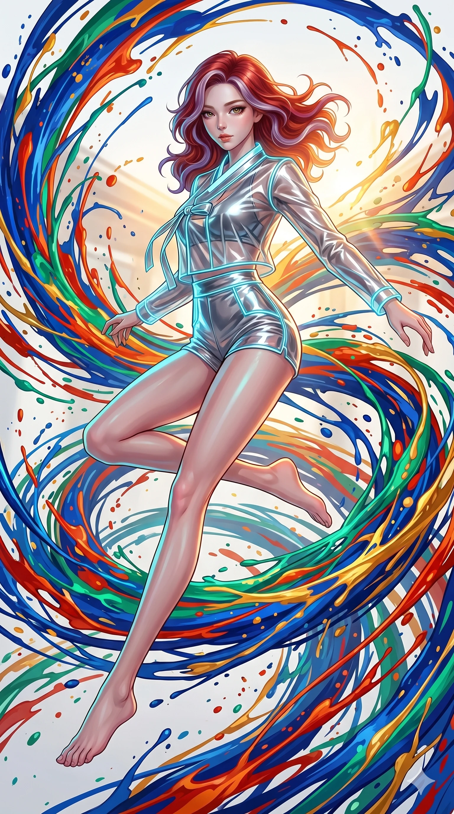 score_9, masterpiece, best quality, ultra-detailed, high-budget anime keyframe, Japanese woman. low angle full-body shot filling the entire 9:16 frame with her statuesque presence, stretching the vertical silhouette. leaping into a vorticist paint splatter dimension where thousands of vivid acrylic paint ribbons and splatters swirl around her in a white gallery void. She has an absolutely perfect 8-heads proportion, an exceptionally tall and slender female figure with impossibly long slender legs and an ultra-slim waist. V-shaped jawline, high-bridge nose, intricate jewel-like eyes with depth, thick eyelashes, glossy lips with a natural sheen.. wearing a vinyl liquid mercury fusion hanbok, featuring a translucent chrome-silver vinyl jeogori and high-waist micro-shorts, detailed with glowing neon wire trims and a tasteful chest slit. showcasing a beautiful play of light and shadow, with warm golden rays clashing against cool cyan highlights. 2k, ultra detail, master piece, 9:16 ratio