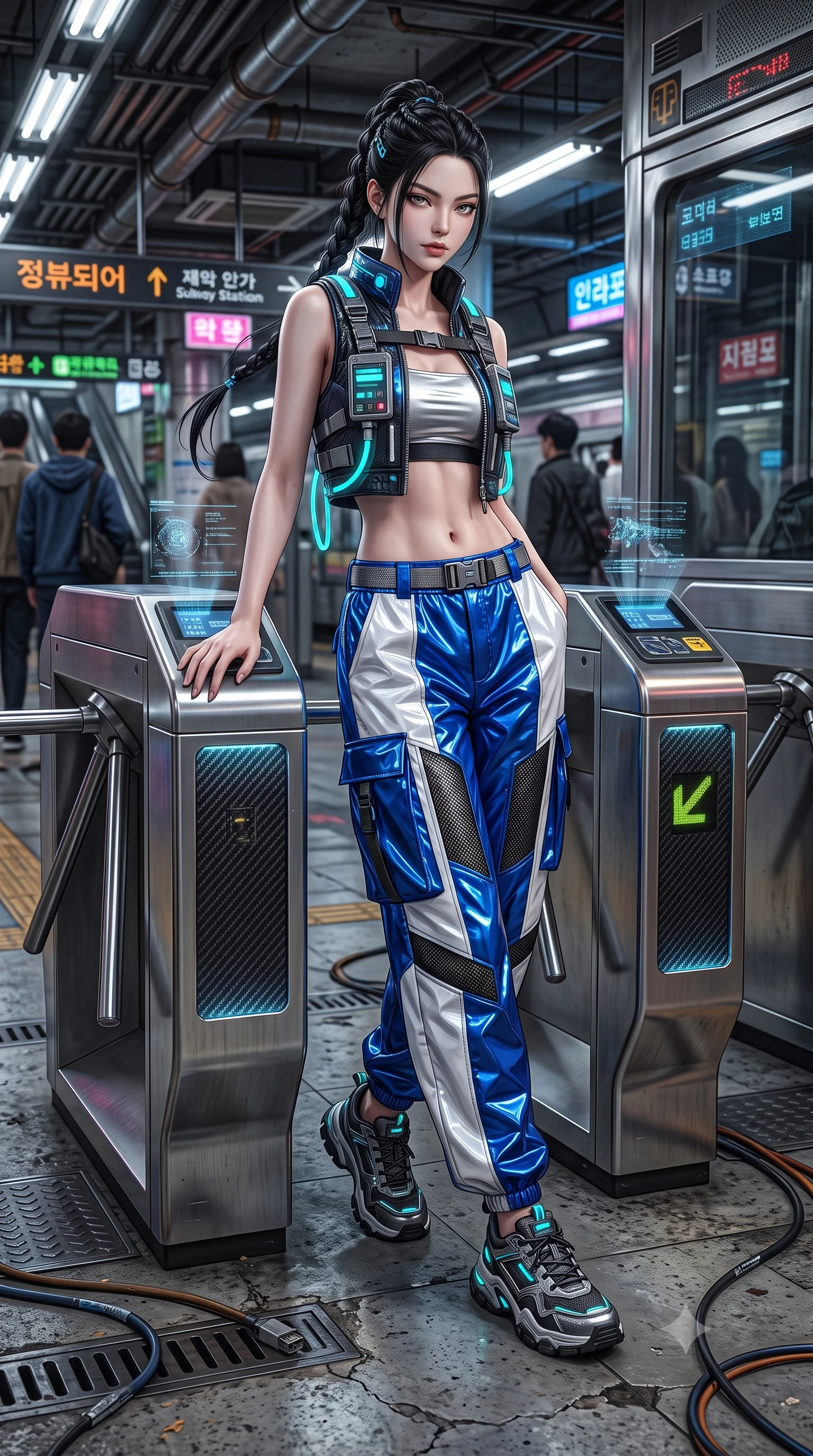 score_9, masterpiece, best quality, ultra-detailed, high-budget anime keyframe, semi-realistic 3D game render, editorial fashion photography, tasteful artistic composition, Korean woman. low angle full-body shot from head to toe showing her feet, filling the entire 9:16 vertical frame with her statuesque presence, stretching her vertical silhouette. stepping forward gracefully in mid-motion, displaying her toned flat midriff and flawlessly sculpted slender limbs while leaning against a retro-futuristic metallic subway turnstile with a fierce, rebellious streetwear smirk. The surrounding environment is rendered in vivid detail and crisp panoramic clarity. high-contrast cyberpunk street chiaroscuro and raw urban subway aesthetics rendered with precision. She has an absolutely perfect, statuesque 8.5-heads proportion, an exceptionally tall and slender model-like female figure with impossibly long slender legs, a toned flat midriff, and an ultra-slim waist. sharp v-shaped jawline, high-bridge nose, intricate jewel-like eyes with depth, thick eyelashes, glossy lips with a natural sheen, captivating and magnetic expression, flawlessly proportioned anatomical accuracy, strict slender model proportions, natural body alignment, perfectly sculpted long slender limbs, ultra-slim waistline, clean dynamic posture without body distortion. wearing a cropped tech-harness utility vest worn over a silver reflective bandeau top and baggy cargo pants in electric cobalt blue and high-gloss white, crafted from high-gloss metallic ripstop nylon and flexible carbon mesh, finished with glowing cyan status conduits tracing her collarbones, the sleek tailored cut tightly hugging her graceful clavicle, narrow waist, and feminine curves with statuesque precision. surrounded by an edgy, electrifying, and irresistibly cool cyber-street idol aura. highly saturated vibrant anime colors, detailed shading with soft gradients, rich glossy textures, high-contrast stereoscopic depth, volumetric dynamic lighting, master piece, 9:16 ratio