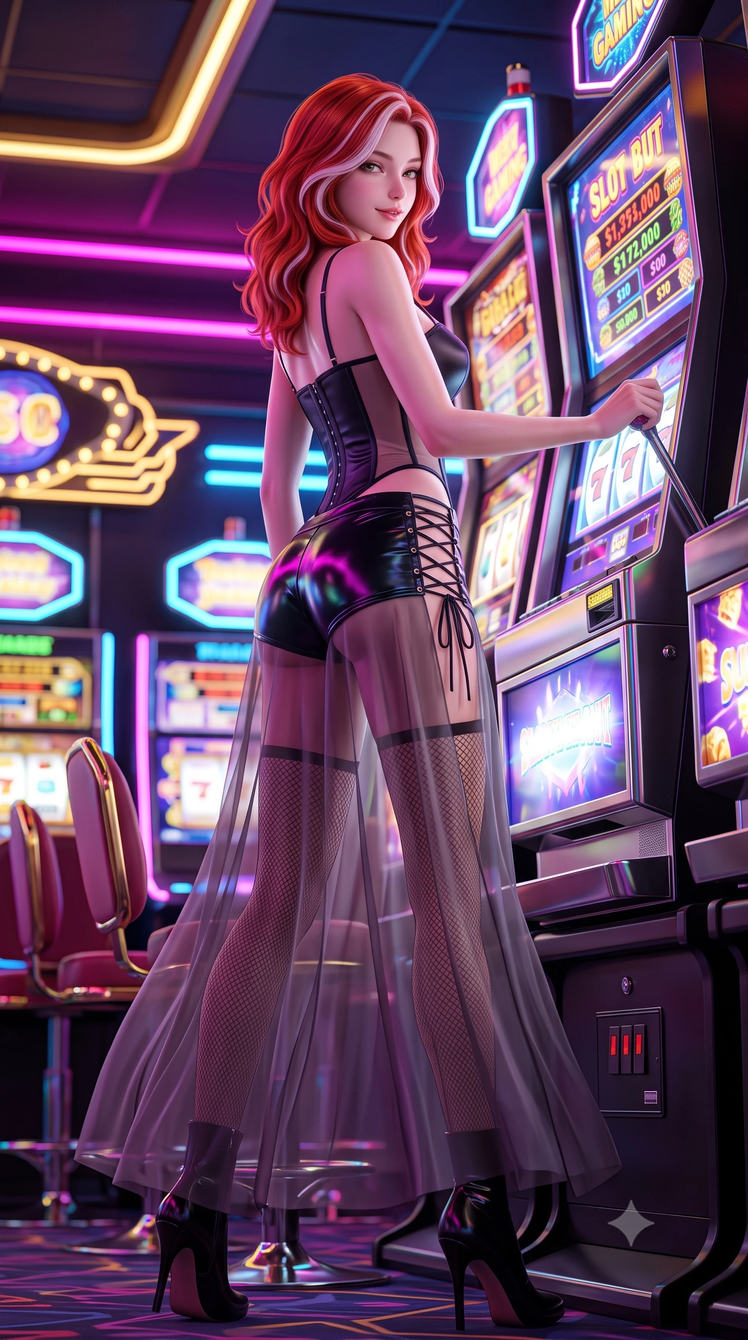 score_9, masterpiece, best quality, ultra-detailed, high-budget anime keyframe, semi-realistic 3D game render, editorial fashion photography, tasteful artistic composition, Caucasian woman. low angle full-body shot from head to toe showing her feet, filling the entire 9:16 vertical frame with her statuesque presence, stretching her vertical silhouette. executing a slow, graceful pivot turn as her skirt sways around her slender legs, glancing back with an enchanting, teasing sensual expression while leaning against a glowing vertical slot machine screen with hips cocked back, pulling the chrome lever with seductive playful cool. The surrounding environment is rendered in vivid detail and crisp panoramic clarity: detailed wet-look vinyl hot-pants cling, fishnet stocking texture, and retro-futuristic arcade styling in razor-sharp precision. She has an absolutely perfect, statuesque 8.5-heads proportion, an exceptionally tall and slender model-like female figure with impossibly long slender legs, an ultra-slim waist, a flat toned midriff, narrow delicate ribcage, and beautifully sculpted feminine hips creating a graceful, slim hourglass silhouette without any bulky heaviness. sharp v-shaped jawline, high-bridge nose, sparkling eyes with hypnotic seductive depth, thick curled eyelashes, glossy parted lips with a natural dewy peach sheen, alluring bedroom-eyes with an enchanting coquettish smile, exuding magnetic siren charisma and sophisticated glamour, flawlessly proportioned anatomical accuracy, strict slender model proportions, natural body alignment, perfectly sculpted long slender limbs, ultra-slim waistline, clean dynamic posture without body distortion. wearing a structured boned satin corset bodice with sheer illusion side panels paired with low-waisted tailored micro-shorts in wet-look onyx black with electric magenta reflections, made of sheer gossamer chiffon that drapes softly against skin with airy translucence, featuring fine criss-cross lace-up side ties revealing tantalizing glimpses of her hip curve, the form-contouring silhouette accentuating her sculpted flat midriff, narrow delicate ribcage, and gracefully curvy hips with intoxicating allure. bathed in rapid rhythmic multi-color neon pulses spilling from dozens of gaming machines. highly saturated vibrant anime colors, detailed shading with soft gradients, rich glossy textures, high-contrast stereoscopic depth, volumetric dynamic lighting, master piece, 9:16 ratio