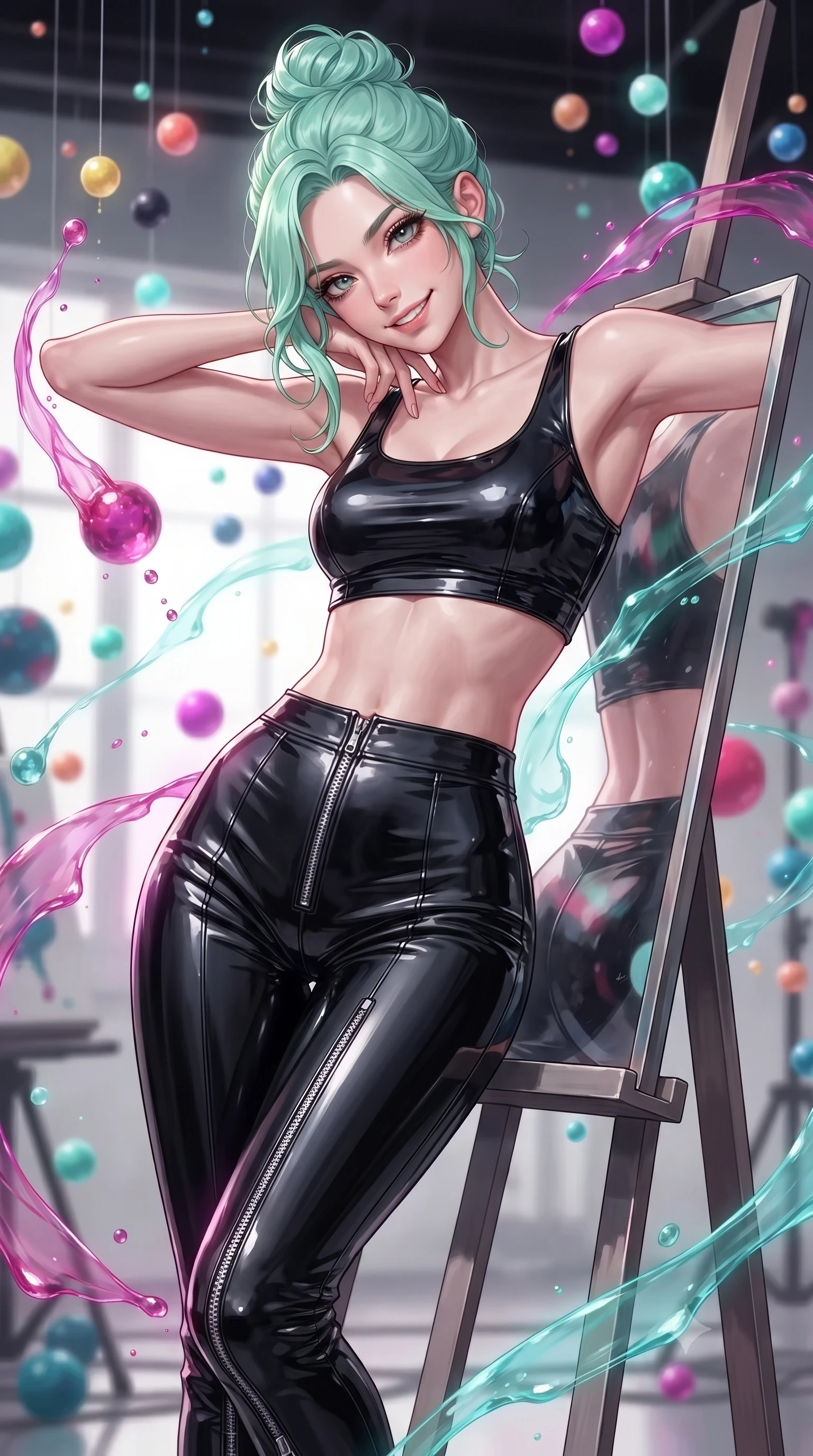 score_9, masterpiece, best quality, ultra-detailed, high-budget anime keyframe, editorial fashion photography, tasteful artistic composition, Japanese woman. close-up cowboy shot from the waist and thighs up, the character dominates the composition, filling the frame with her large presence, background elements kept in soft focus. Smiling with quiet, magnetic self-assurance directly into the lens leaning against a mirrored easel surrounded by suspended pigment spheres, translucent liquid acrylic trails creating dynamic motion paths. She has an exceptionally elegant, slender, and willowy female figure with an ultra-slim waist, a gracefully sculpted slender torso, and a refined silhouette. sharp v-shaped jawline, high-bridge nose, intricate jewel-like eyes with depth, thick eyelashes, glossy lips with a natural sheen. wearing a glossy vinyl crop top and high-waist tailored leggings with sleek metallic zippers, the form-contouring material highlighting her ultra-slim waist and long lines. surrounded by a radiant glow of magenta and aqua fluid highlights. ultra-reflective glossy finish, specular highlights, metallic sheen, high-contrast stereoscopic depth, volumetric dynamic lighting, 2k, ultra detail, master piece, 9:16 ratio