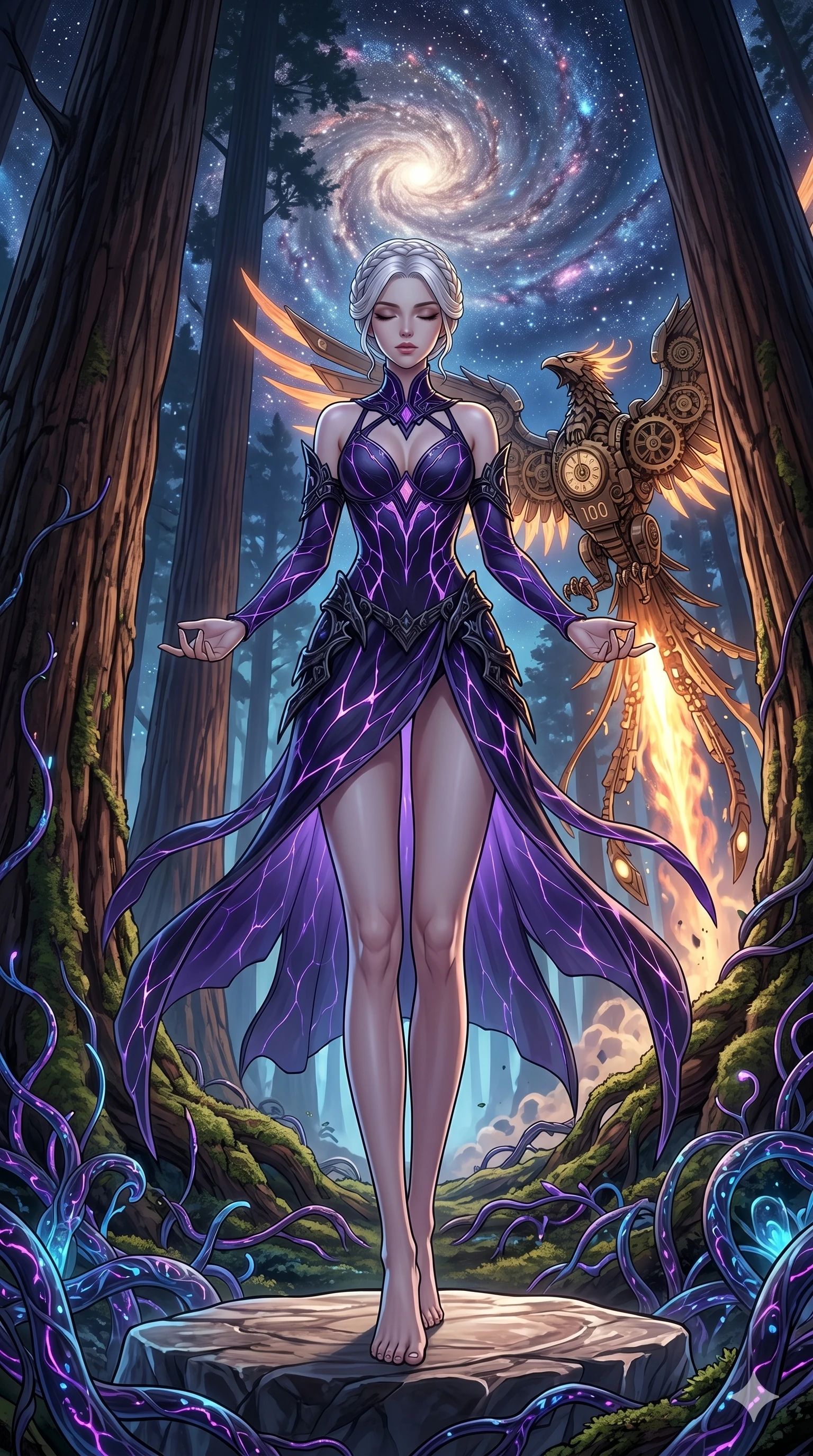 score_9, masterpiece, best quality, ultra-detailed, Set A: High-budget Anime Keyframe, Caucasian (human ears) woman. Low angle cowboy shot filling the entire 9:16 frame with her statuesque presence. Theme: Primal Nature. meditating in a giant redwood forest with glowing vines, while a mechanical phoenix rises in the background marked 100. The atmosphere is filled with a swirling vortex of stars. She has an absolutely perfect 8-heads proportion, an exceptionally tall and slender female figure with impossibly long slender legs and an ultra-slim waist. Sharp v-shaped jawline, high-bridge nose, intricate jewel-like eyes with depth, glossy lips. Wearing Void-walker shadow-fabric dress with violet energy cracks and obsidian accessories. Cinematic lighting, vivid colors, dramatic shadows, 2k, ultra detail, master piece, 9:16 ratio