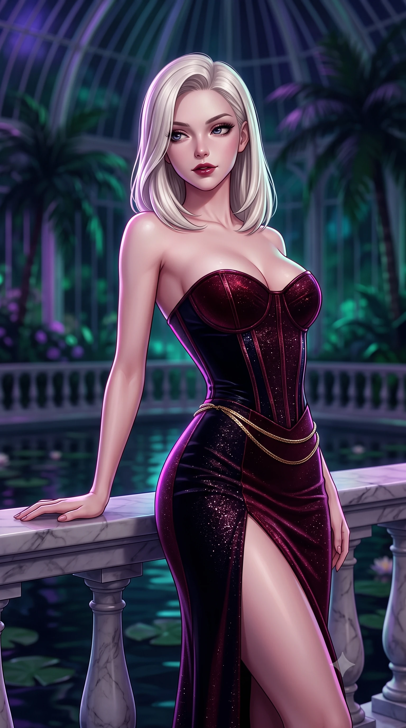 score_9, masterpiece, best quality, ultra-detailed, high-budget anime keyframe, semi-realistic 3D game render, editorial fashion photography, tasteful artistic composition, Caucasian woman. close-up cowboy shot from the waist and thighs up, the character dominates the composition, filling the frame with her large presence. resting one elbow on the marble balustrade while arching her spine with dancer poise, her dark bedroom-eyes casting a magnetic sidelong glance while twisting her slender torso in an alluring S-curve beside a tranquil dark lily pool, subtle neon reflections tracing her curvy hips and flat midriff. The composition keeps background elements in soft focus with dreamy creamy bokeh. soaring Victorian glass conservatory ribs and towering tropical palms backlit by midnight neon blurred into deep jade, violet, and sapphire bokeh. She has an exceptionally elegant, slender, and willowy female figure with an ultra-slim waist, flat toned midriff, narrow ribcage, and sculpted feminine hips creating an alluring, slim hourglass silhouette without bulk. sharp v-shaped jawline, high-bridge nose, intricate jewel-like dark sparkling eyes with dangerous depth, thick curled eyelashes, glossy parted lips with a rich wine sheen, smoldering seductive half-smile with bedroom-eyes, exuding effortless superiority and intoxicating dark allure, flawlessly proportioned anatomical accuracy, strict slender model proportions, natural body alignment, perfectly sculpted long slender limbs, ultra-slim waistline, clean dynamic posture without body distortion. wearing a sculpted strapless velvet corset gown with an hourglass bodycon silhouette and high front leg slit in deep wine burgundy and lustrous obsidian, woven from metallic lurex thread casting subtle starlight glints across the fabric, finished with a delicate gold snake chain belt resting loosely across her curvy hips, the high-waisted tailoring accentuating her ultra-slim waistline and the enchanting curve of her feminine hips with alluring dark charm. bathed in moody ultraviolet and deep emerald ambient backlights filtering through soaring glass panes. highly saturated vibrant anime colors, detailed shading with soft gradients, rich glossy textures, high-contrast stereoscopic depth, volumetric dynamic lighting, master piece, 9:16 ratio