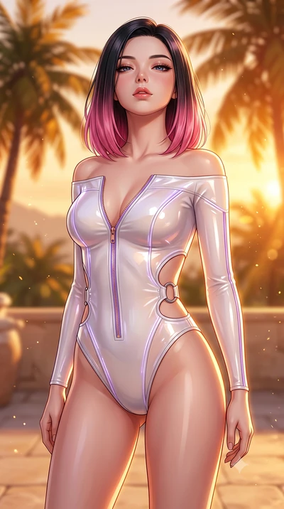 score_9, masterpiece, best quality, ultra-detailed, high-budget anime keyframe, semi-realistic 3D game render, editorial fashion photography, tasteful artistic composition, Korean woman. close-up cowboy shot from the waist and thighs up, the characte