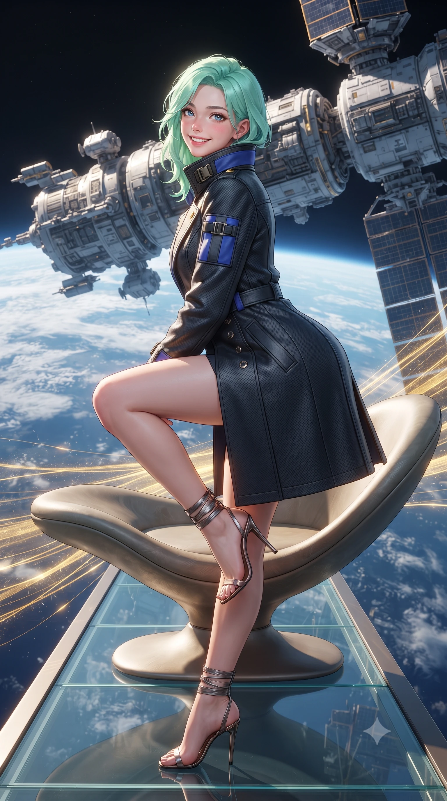 score_9, masterpiece, best quality, ultra-detailed, high-budget anime keyframe, editorial fashion photography, tasteful artistic composition, Japanese woman. close-up cowboy shot from the waist and thighs up, the character dominates the composition, filling the frame with her large presence. perched sideways on the lounge seat, one knee drawn up to showcase her slender leg line while her arched back accentuates her feminine hip curve while standing poised on the narrow transparent catwalk of the external sensor spire high above Earth, arching her lower back as golden solar wind filaments shimmer past. The surrounding environment is rendered in vivid detail and crisp panoramic clarity: detailed high-tech tactical gear, sleek bodycon lines, and colossal satellite engineering in high resolution. She has an exceptionally elegant, slender, and willowy female figure with an ultra-slim waist, flat toned midriff, narrow ribcage, and sculpted feminine hips creating an alluring, slim hourglass silhouette without bulk. sharp v-shaped jawline, high-bridge nose, intricate jewel-like sparkling eyes with depth, thick eyelashes, glossy parted lips with a natural peach sheen, bright cheerful beaming smile with an enchanting and coquettish sensual glint, exuding both youthful cute charm and seductive allure, flawlessly proportioned anatomical accuracy, strict slender model proportions, natural body alignment, perfectly sculpted long slender limbs, ultra-slim waistline, clean dynamic posture without body distortion. wearing a bespoke tactical commander trench coat in matte carbon-weave with magnetic utility buckles, storm flaps, and high standing collar in Jovian storm amber and electric cobalt, tailored from high-density tech-wool with subtle metallic thread weave, complemented by strappy stiletto sandals with metallic ankle wraps accentuating her slender calves, the bespoke structured tailoring following the natural line of her 8.5-heads silhouette with refined elegance. illuminated by Earth albedo reflection bounce and intense solar-gold rim lights defining her razor-sharp jawline, narrow waist, and curvy hips. ultra-reflective glossy finish, specular highlights, rich textural contrasts, high-contrast stereoscopic depth, volumetric dynamic lighting, 2k, ultra detail, master piece, 9:16 ratio