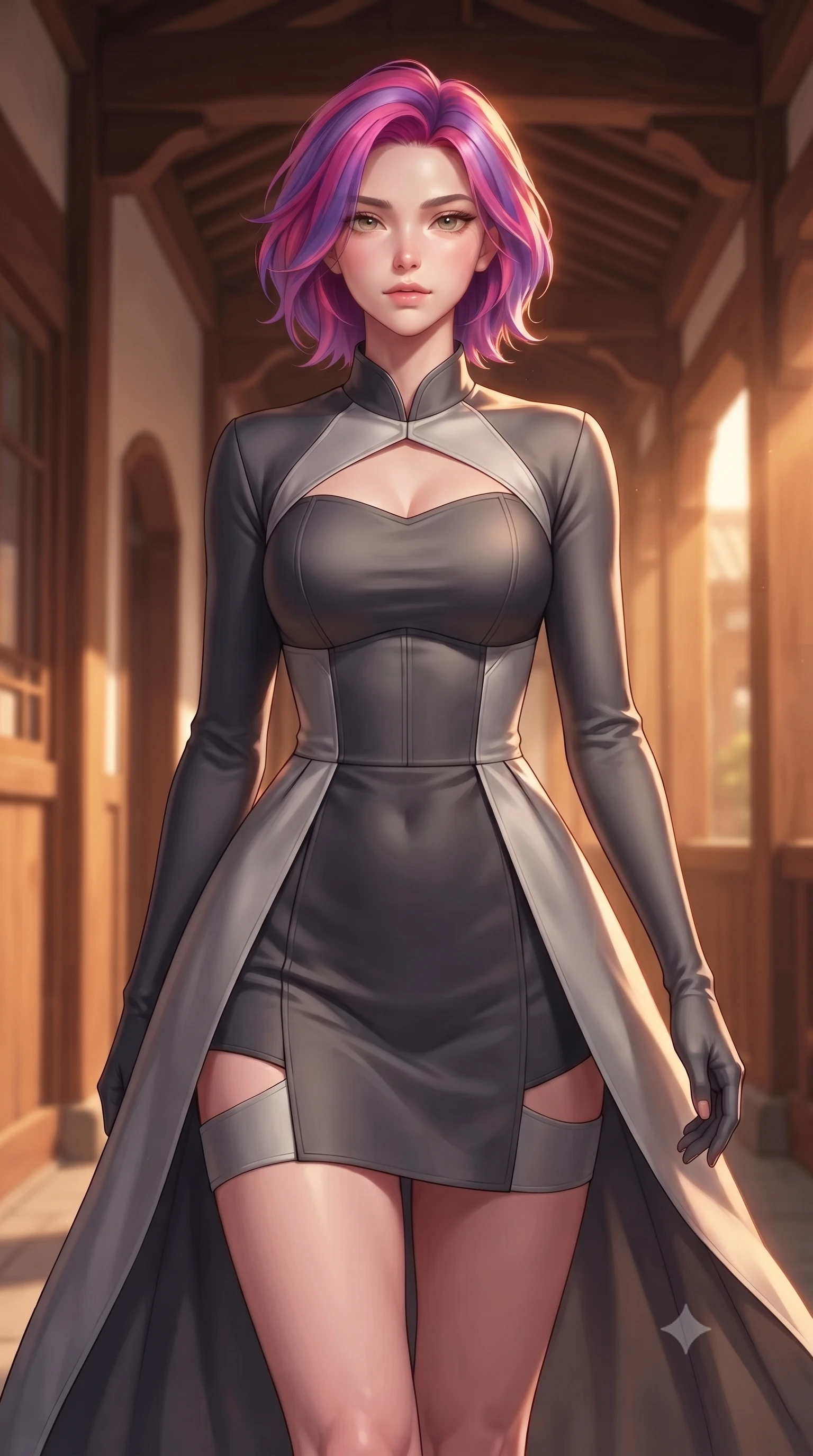 score_9, masterpiece, best quality, ultra-detailed, high-budget anime keyframe, editorial fashion photography, tasteful artistic composition, Caucasian woman. close-up cowboy shot from the waist and thighs up, the character dominates the composition, filling the frame with her large presence, background elements kept in soft focus. Leaning slightly forward with a composed, seductive gaze under soft glowing light walking down a quiet wooden school hallway illuminated by warm golden hour rays, warm amber glow illuminating the quiet architectural details of the campus. She has an exceptionally elegant, slender, and willowy female figure with an ultra-slim waist, a gracefully sculpted slender torso, and a refined silhouette. sharp v-shaped jawline, high-bridge nose, intricate jewel-like eyes with depth, thick eyelashes, glossy lips with a natural sheen. wearing a modern fusion silk hanbok dress with a structured bodice in charcoal grey and platinum, formed from sleek second-skin neoprene, accented with a Tasteful chest slit framing her clavicle gracefully, the glove-like fit emphasizing her statuesque silhouette. bathed in brilliant golden hour sunset rays and warm amber ambient light. highly saturated vibrant anime colors, detailed shading with soft gradients, rich glossy textures, high-contrast stereoscopic depth, volumetric dynamic lighting, master piece, 9:16 ratio