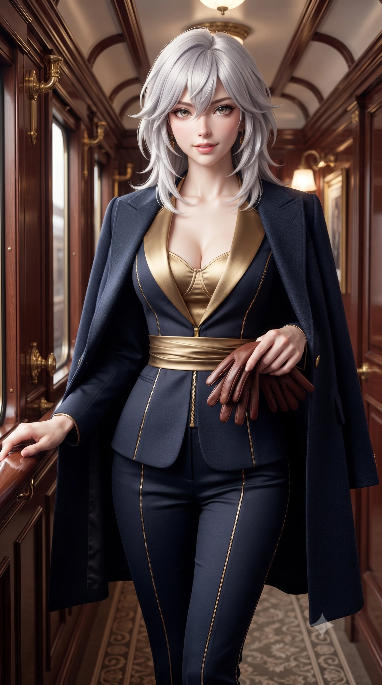 score_9, masterpiece, best quality, ultra-detailed, high-budget anime keyframe, editorial fashion photography, tasteful artistic composition, Japanese woman. close-up cowboy shot from the waist and thighs up, the character dominates the composition, filling the frame with her large presence. arching her lower back slightly with one hand resting on her sculpted hip, looking into the camera with an enchanting and coquettish smile while standing in the panoramic train corridor with one hand resting on the polished mahogany handrail, turning with glamorous travel-editorial poise. The surrounding environment is rendered in vivid detail and crisp panoramic clarity: detailed wool cape coat drape, leather gloves held in hand, and Swiss heritage rail engineering in razor-sharp precision. She has an exceptionally elegant, slender, and willowy female figure with an ultra-slim waist, flat toned midriff, narrow ribcage, and sculpted feminine hips creating an alluring, slim hourglass silhouette without bulk. sharp v-shaped jawline, high-bridge nose, intricate jewel-like sparkling eyes with depth, thick eyelashes, glossy parted lips with a natural peach sheen, bright cheerful beaming smile with an enchanting and coquettish sensual glint, exuding both youthful cute charm and seductive allure, flawlessly proportioned anatomical accuracy, strict slender model proportions, natural body alignment, perfectly sculpted long slender limbs, ultra-slim waistline, clean dynamic posture without body distortion. wearing a sleek Taisho-modern tailored smoking jacket with a cinched silk sash worn over a body-hugging satin bustier top and fitted slacks in Ginza vintage brass gold and midnight navy, tailored from stretch wool crepe providing structured compression and razor-sharp bodycon lines, featuring fine gold zipper details tracing the vertical spine and contour seams, the snug waist-cinching tailoring accentuating her ultra-slim waistline and the enchanting curve of her feminine hips with alluring seductive charm. illuminated by cherrywood interior reflection fill and sharp silver-gold rim lights defining her razor-sharp jawline and willowy silhouette. ultra-reflective glossy finish, specular highlights, rich textural contrasts, high-contrast stereoscopic depth, volumetric dynamic lighting, 2k, ultra detail, master piece, 9:16 ratio