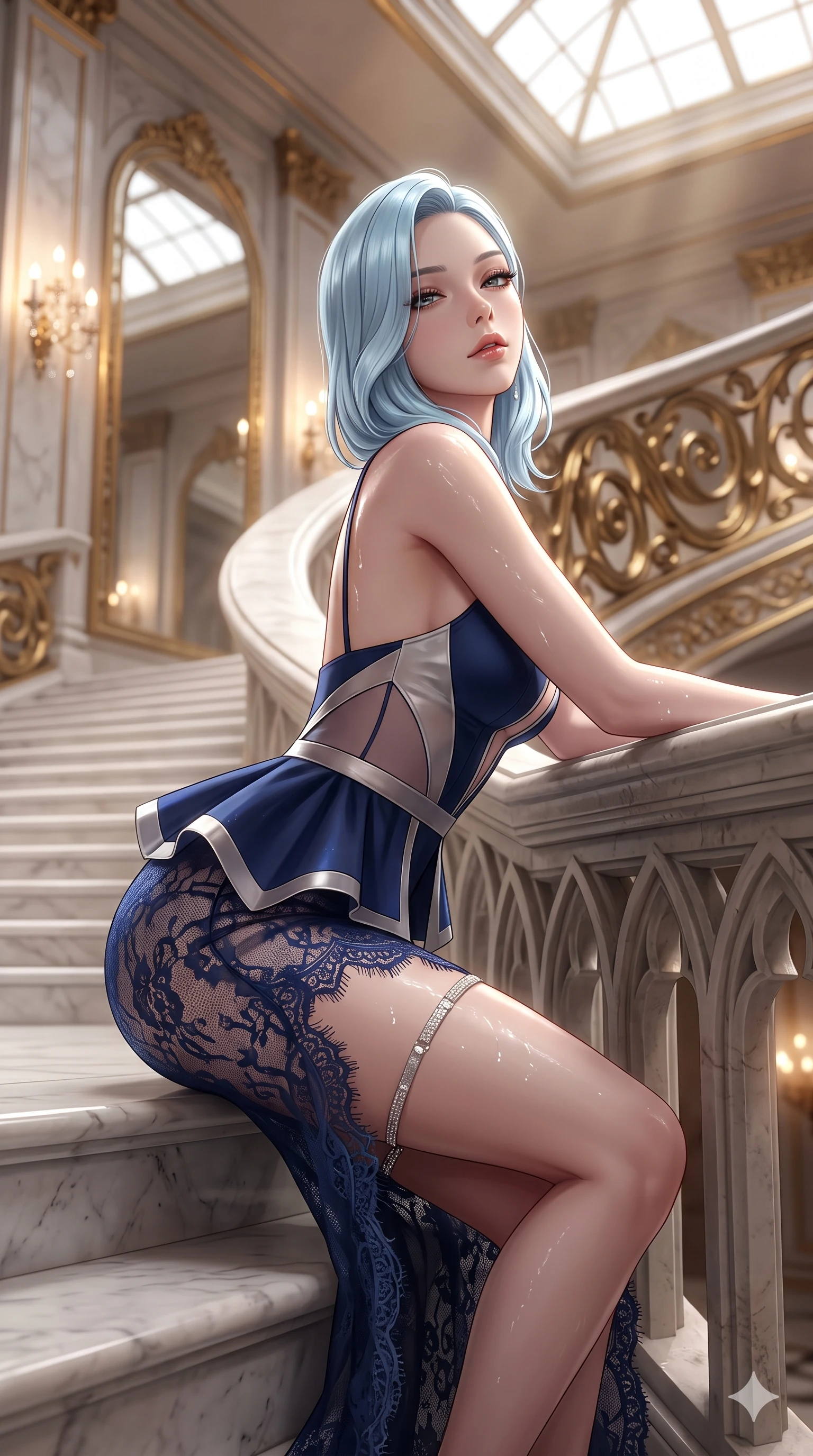 score_9, masterpiece, best quality, ultra-detailed, high-budget anime keyframe, semi-realistic 3D game render, editorial fashion photography, tasteful artistic composition, Korean woman. close-up cowboy shot from the waist and thighs up, the character dominates the composition, filling the frame with her large presence. leaning forward over the carved stone gothic balustrade, looking back with sleepy seductive bedroom-eyes as water reflections dance across her silhouette while sitting poised on the polished Carrara marble steps with one knee bent, arching her spine with supermodel elegance as she glances upward through thick eyelashes. The background shows a soft-focus sweeping curved white marble stairs, monumental gilded bronze banister scrollwork, and towering arched palace mirrors blurred into alabaster, gold, and champagne bokeh. She has an exceptionally elegant, slender, and willowy female figure with an ultra-slim waist, flat toned midriff, narrow ribcage, and sculpted feminine hips creating an alluring, slim hourglass silhouette without bulk. sharp v-shaped jawline, high-bridge nose, intricate jewel-like sparkling eyes with depth, thick eyelashes, glossy parted lips with a natural sheen, intensely captivating and seductive bedroom-eyes expression, exuding both youthful cute charm and sovereign luxury allure, flawlessly proportioned anatomical accuracy, strict slender model proportions, natural body alignment, perfectly sculpted long slender limbs, ultra-slim waistline, clean dynamic posture without body distortion. wearing a structural geometric peplum gown with sheer side-ribbon cutouts and form-fitting skirt in midnight sapphire blue and liquid platinum, made of delicate semi-sheer French Chantilly lace with intricate eyelash edges, finished with delicate crystal-encrusted thigh garter straps glinting in the dim light, the precision-cut side openings and low-back scoop framing her graceful spine and the sensual sweep of her slim, toned hips. bathed in the warm luminous glow of crystal wall sconces and grand overhead skylights filtering soft diffuse daylight. highly saturated vibrant anime colors, detailed shading with soft gradients, rich glossy textures, high-contrast stereoscopic depth, volumetric dynamic lighting, master piece, 9:16 ratio