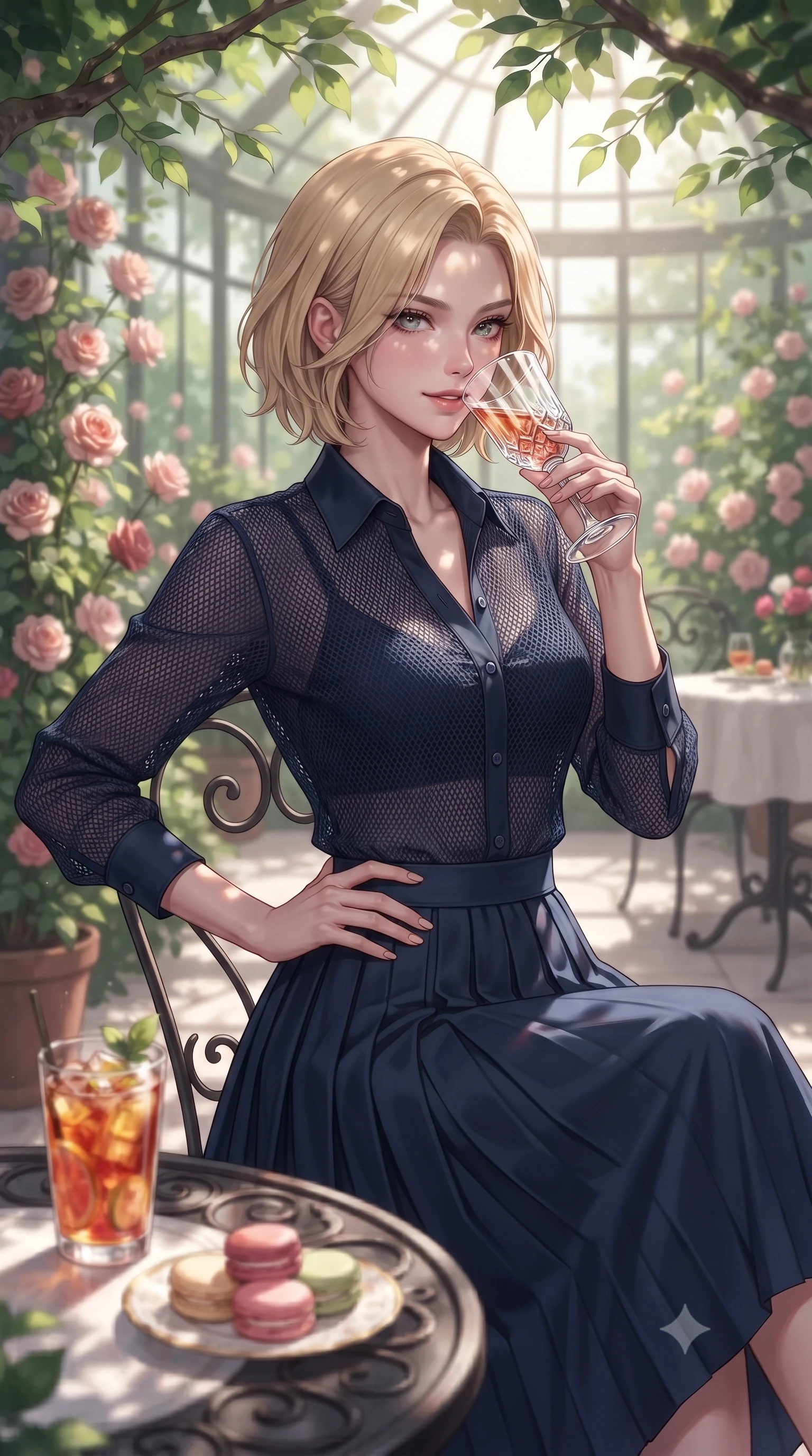 score_9, masterpiece, best quality, ultra-detailed, high-budget anime keyframe, editorial fashion photography, tasteful artistic composition, Caucasian woman. close-up cowboy shot from the waist and thighs up, the character dominates the composition, filling the frame with her large presence, background elements kept in soft focus. resting one hand on her ultra-slim waist while holding a crystal wine glass near her lips with an alluring smile set against a soft-focus background of inside an exclusive rose conservatory with a glass of iced fruit tea and delicate macaron pastries arranged on the table. She has an exceptionally elegant, slender, and willowy female figure with an ultra-slim waist, a gracefully sculpted slender torso, and a refined silhouette. sharp v-shaped jawline, high-bridge nose, intricate jewel-like eyes with depth, thick eyelashes, glossy lips with a natural sheen. wearing tailored midnight navy contouring mesh casual linen button-down shirt paired with a flowy pleated midi skirt featuring refined tailored seams. highlighted by dappled sunlight filtering through leafy branches, creating soft organic patterns. ultra-reflective glossy finish, specular highlights, metallic sheen, high-contrast stereoscopic depth, volumetric dynamic lighting, 2k, ultra detail, master piece, 9:16 ratio