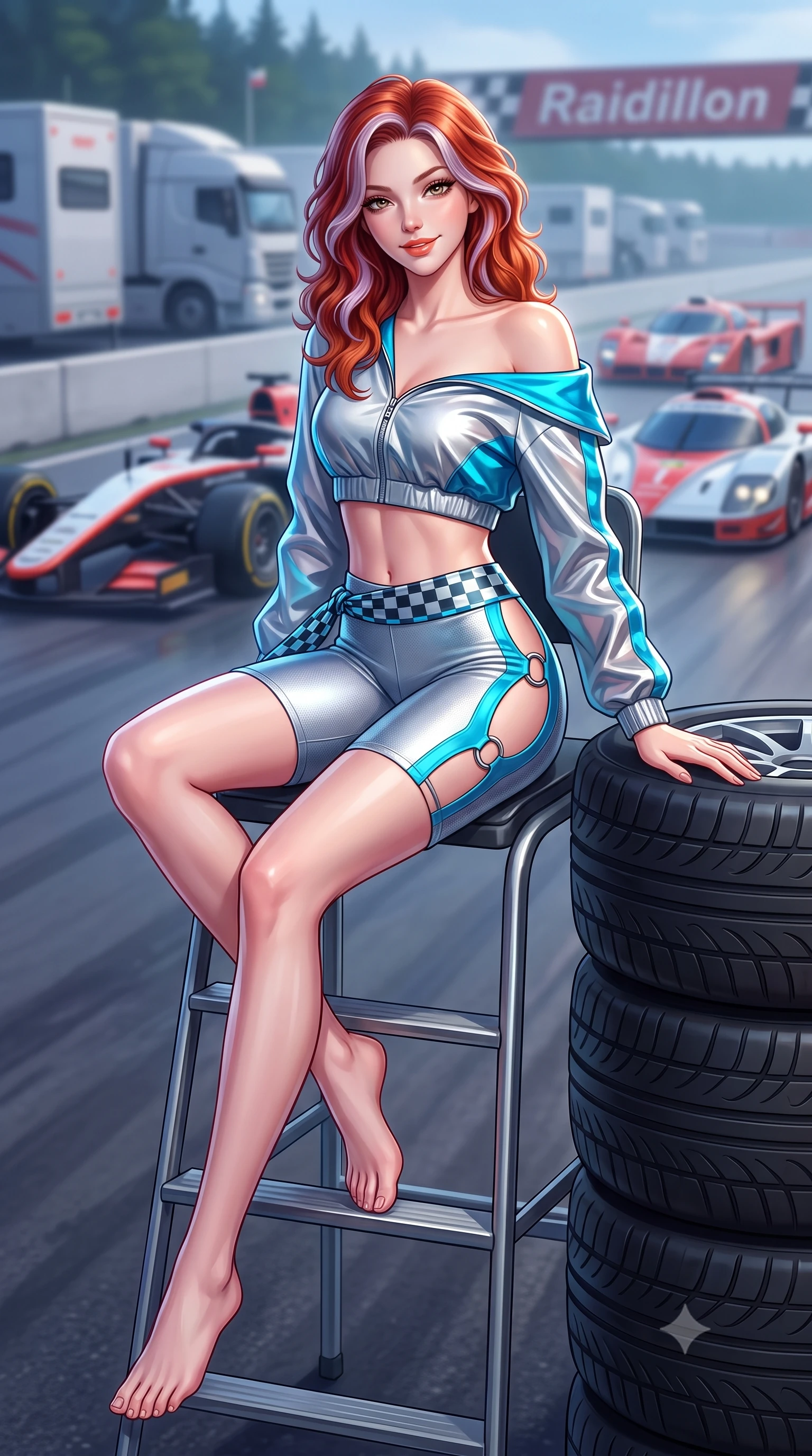 score_9, masterpiece, best quality, ultra-detailed, high-budget anime keyframe, semi-realistic 3D game render, editorial fashion photography, tasteful artistic composition, Caucasian woman. low angle full-body shot from head to toe showing her feet, filling the entire 9:16 vertical frame with her statuesque presence, stretching her vertical silhouette. sitting perched on the elevated umpire chair with legs crossed and hips angled toward the camera, displaying her toned midriff and long slender limbs with joyful, coquettish charm while leaning against the pit wall tire stack with hips cocked back, looking over a bare shoulder with an intoxicating, adrenaline-charged smile. The background shows a soft-focus distant racing trailers and race cars disappearing up Raidillon softened in legendary European racing shallow focus. She has an absolutely perfect, statuesque 8.5-heads proportion, an exceptionally tall and slender model-like female figure with impossibly long slender legs, an ultra-slim waist, a flat toned midriff, narrow delicate ribcage, and beautifully sculpted feminine hips creating a graceful, slim hourglass silhouette without any bulky heaviness. sharp v-shaped jawline, high-bridge nose, sparkling eyes with athletic focus and depth, thick curled eyelashes, glossy parted lips with a natural coral-peach sheen, bright confident and coquettish smile with alluring bedroom-eyes, exuding both youthful sporty vigor and sovereign high-society glamour, flawlessly proportioned anatomical accuracy, strict slender model proportions, natural body alignment, perfectly sculpted long slender limbs, ultra-slim waistline, clean dynamic posture without body distortion. wearing an asymmetric off-shoulder cropped windbreaker jacket paired with tight high-waisted biker shorts and a checkered waist sash in metallic liquid silver and electric cyan, made of second-skin technical compression piqué knit with moisture-wicking stretch, finished with sharp laser-cut side ventilation cutouts framed by chrome rings, the glove-like aerodynamic silhouette tightly following the natural contour of her hips and long slender legs with youthful 8.5-heads elegance. illuminated by track reflections and sharp crystalline rim lights carving her razor-sharp jawline, narrow waist, and curvy hips. highly saturated vibrant anime colors, detailed shading with soft gradients, rich glossy textures, high-contrast stereoscopic depth, volumetric dynamic lighting, master piece, 9:16 ratio