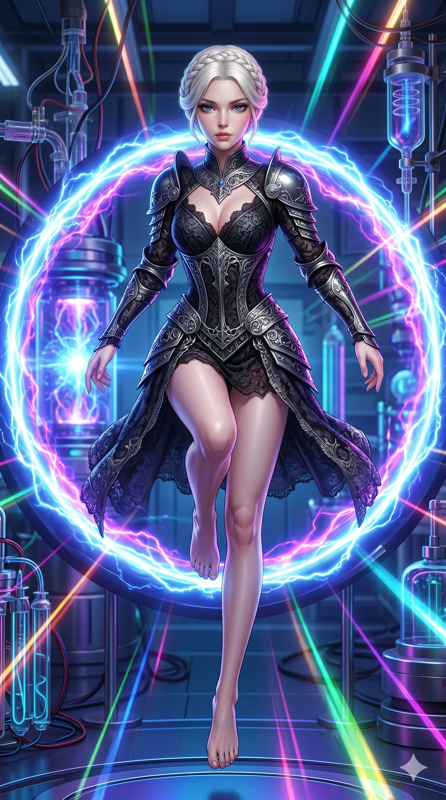 score_9, masterpiece, best quality, ultra-detailed, Set A: Photorealistic 8k CG, Japanese woman. Low angle cowboy shot filling the entire 9:16 frame with her statuesque presence. Leaping through a ring of glowing plasma in a high-tech laboratory. She has an absolutely perfect 8-heads proportion, an exceptionally tall and slender female figure with elegant long slender legs and an slender waist. Sharp v-shaped jawline, high-bridge nose, intricate jewel-like eyes with depth, thick eyelashes, glossy lips. Wearing a Dark Fantasy outfit: gothic lace corset gown with silver armor and a v-neckline. Background is a bright and colorful lab with blue energy cores and vibrant light trails. 2k, ultra detail, master piece, 9:16 ratio