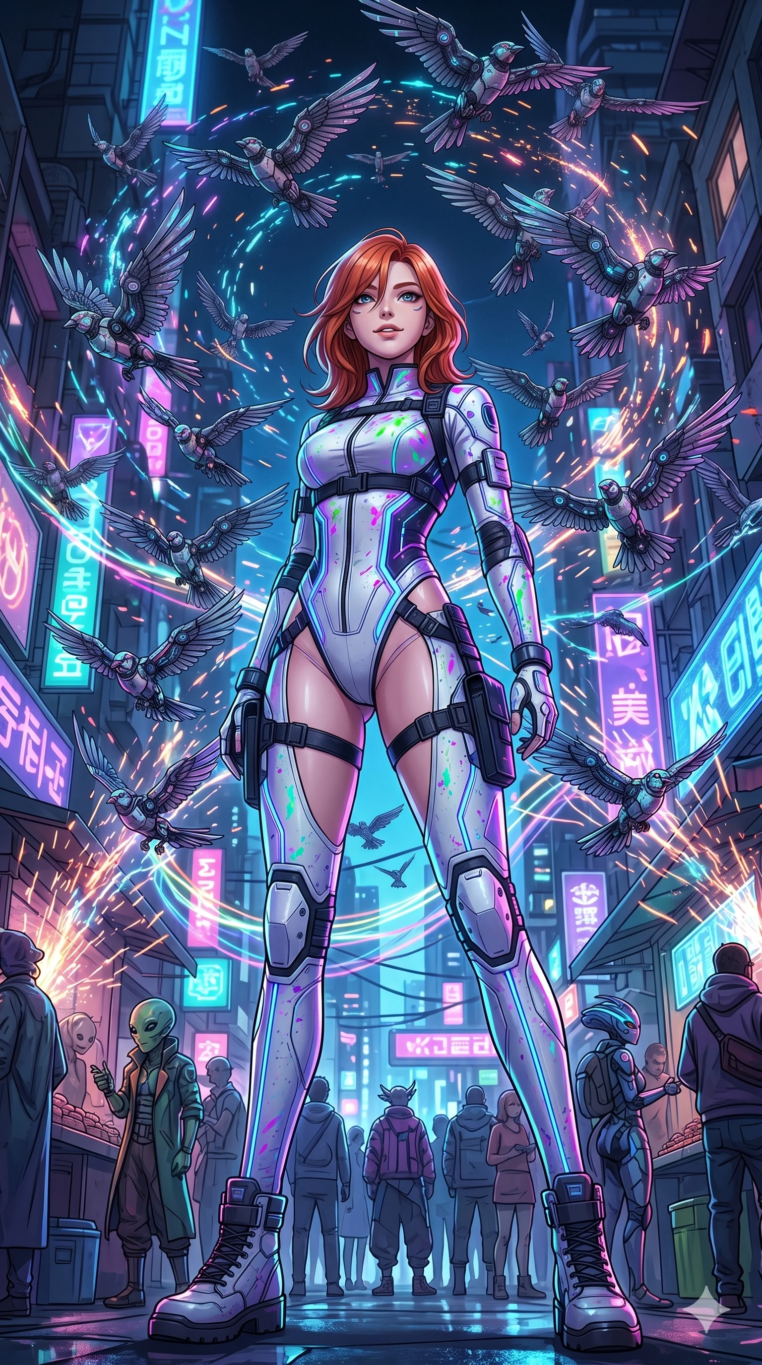 score_9, masterpiece, best quality, ultra-detailed, Set A: High-budget Anime Keyframe, Korean woman. Low angle cowboy shot filling the entire 9:16 frame with her statuesque presence. Standing victoriously through a futuristic night market, surrounded by a whirlwind of 272 mechanical birds and surrounded by glowing energy sparks. She has an absolutely perfect 8-heads proportion, an exceptionally tall and slender female figure with impossibly long slender legs and an ultra-slim waist. Sharp v-shaped jawline, high-bridge nose, intricate jewel-like eyes with depth, thick eyelashes, glossy lips with a natural sheen. Wearing Neon-splattered white leather suit with high-cut legs and tactical harness. Cinematic lighting, vibrant colors, dramatic shadows, 2k, ultra detail, master piece, 9:16 ratio