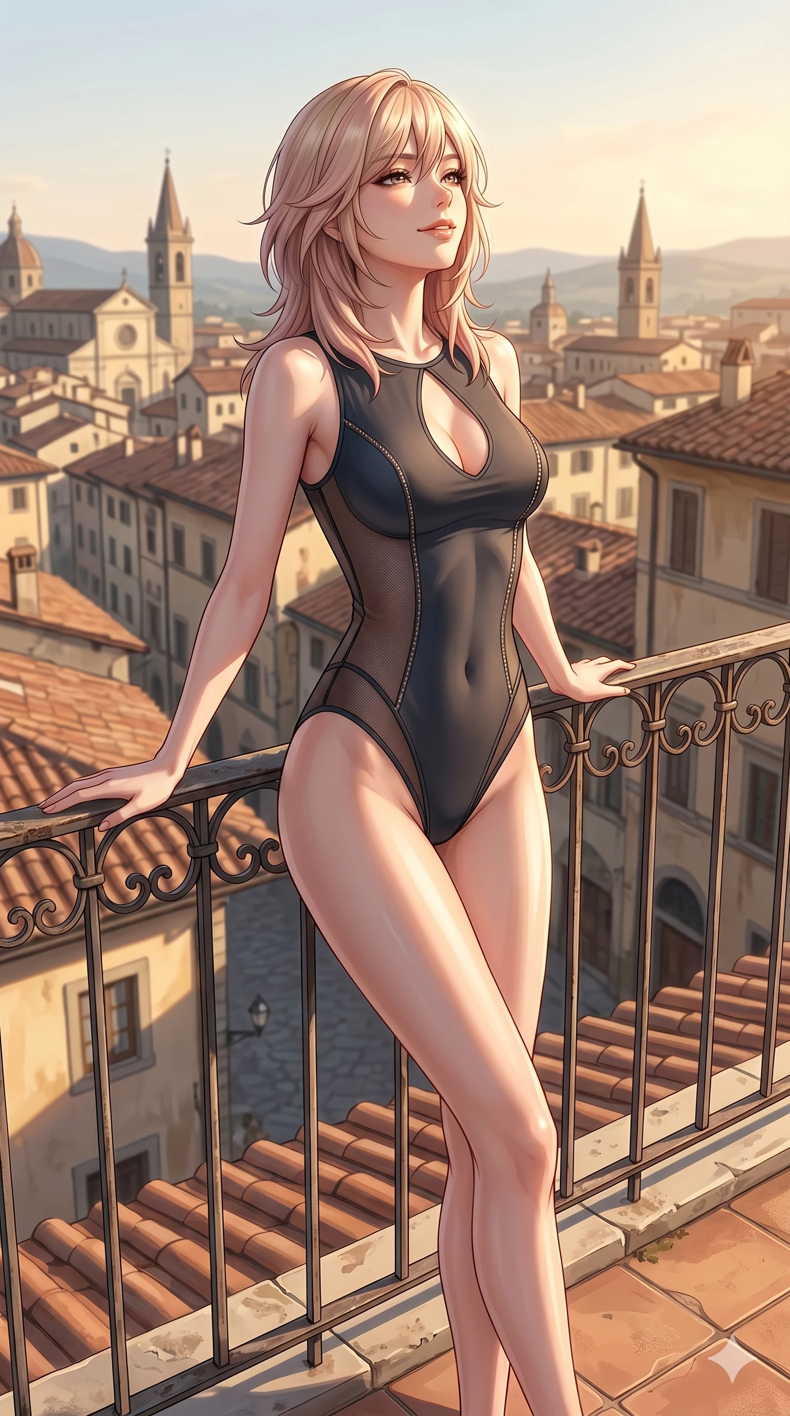 score_9, masterpiece, best quality, ultra-detailed, high-budget anime keyframe, editorial fashion photography, tasteful artistic composition, Japanese woman. cowboy shot from the thighs up, character and outfit filling the frame for maximum editorial presence. leaning back gracefully with a serene, relaxed smile, letting the warm sun wash over her face leaning against the railing of a sunlit private rooftop terrace overlooking a historic European town (Code-P120). She has an absolutely perfect 8-heads proportion, an exceptionally tall and slender female figure with impossibly long slender legs and an ultra-slim waist. V-shaped jawline, high-bridge nose, intricate jewel-like eyes with depth, thick eyelashes, glossy lips with a natural sheen. wearing a sleek, glove-like bodysuit with elegant keyhole cutout and side mesh panels. bathed in warm afternoon sunbeams casting long, soft shadows and highlighting her slender waist. 2k, ultra detail, master piece, 9:16 ratio