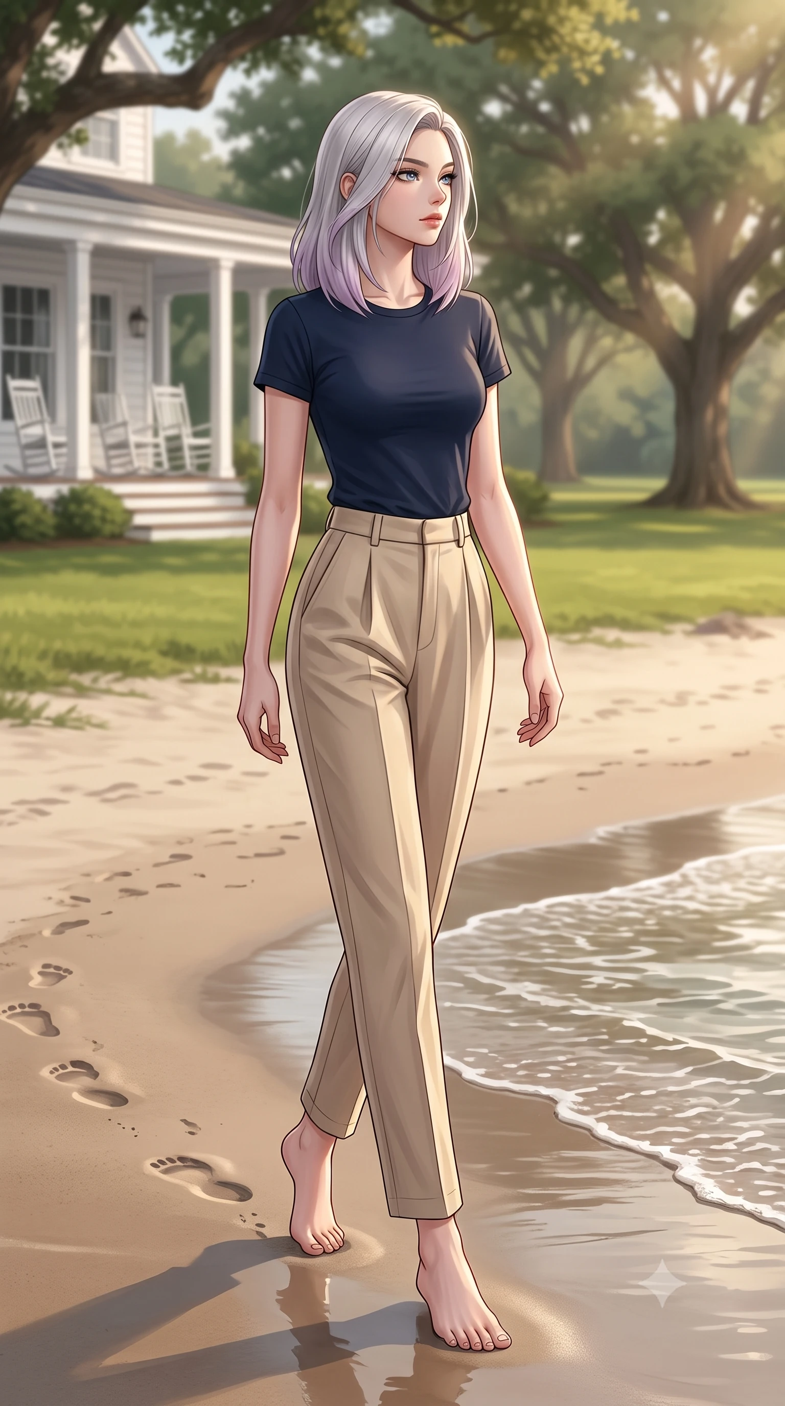 score_9, masterpiece, best quality, ultra-detailed, high-budget anime keyframe, editorial fashion photography, tasteful artistic composition, Caucasian woman woman. low angle full-body shot from head to toe showing her feet, filling the entire 9:16 vertical frame with her statuesque presence, stretching her vertical silhouette. walking slowly along the shoreline, leaving footprints in the wet sand the background shows a soft-focus a wide white veranda with rocking chairs, overlooking a large green lawn with oak trees. She has an absolutely perfect, statuesque 8.5-heads proportion, an exceptionally tall and slender model-like female figure with impossibly long slender legs and an ultra-slim waist. sharp v-shaped jawline, high-bridge nose, intricate jewel-like eyes with depth, thick eyelashes, glossy lips with a natural sheen. wearing a form-contouring simple navy cotton t-shirt tucked into high-waisted pleated beige chino pants. soft late afternoon sunbeams casting a nostalgic, peaceful glow. 2k, ultra detail, master piece, 9:16 ratio